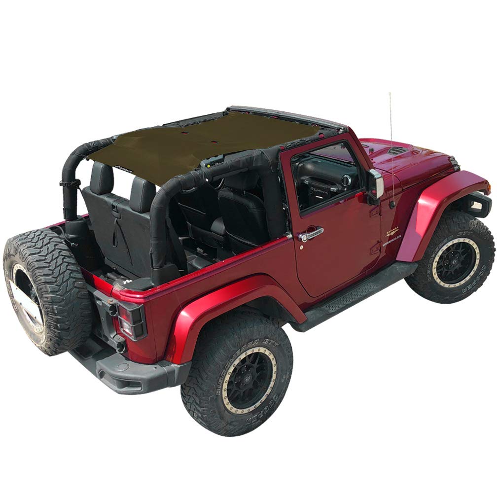 Jeep Wrangler JK Sun Shade Top (2007-2018) - Soft Mesh Roof Cover for 2 Door Models | UV Protection & Wind Noise Reduction | Tank Green Color | 10 Year Warranty | Perfect for Off-Roading, Beach Trips & Summer Driving