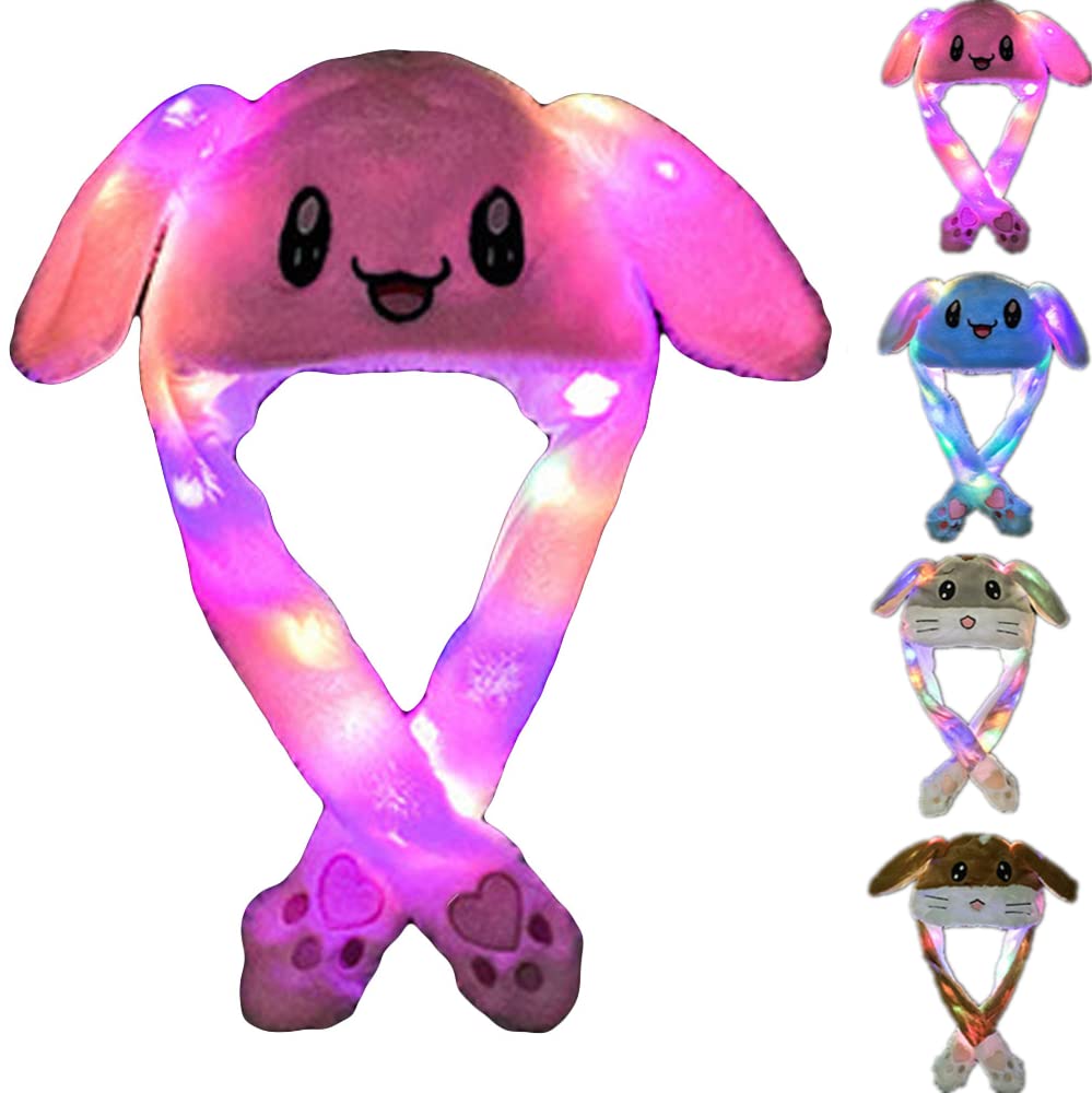 Funny Bunny Hat with Moving Ears for Kids & Adults - Plush Rabbit Hat with Jumping Ears & Pressing Paws - Cute Easter Costume Accessory for Women & Girls (Pink with LED Light) - Perfect for Easter Parties, Cosplay, and Fun Photo Shoots