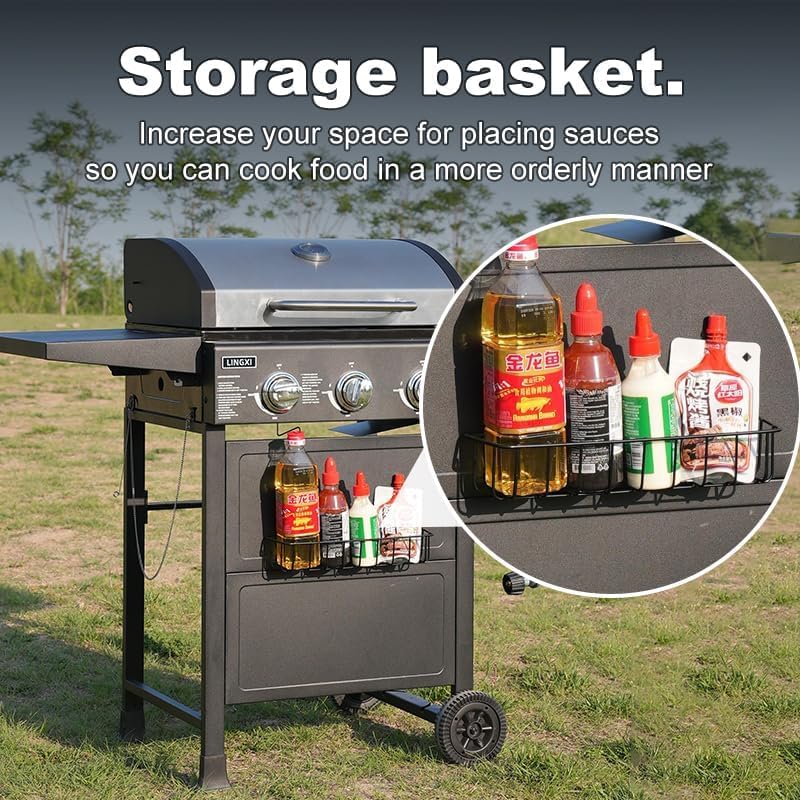 3-Burner Propane Gas Grill with Front Hanging Basket - 30,000 BTU Outdoor BBQ Grill for Backyard, Patio, Garden & Camping - Perfect for Family Cookouts, Tailgating & Summer Barbecues