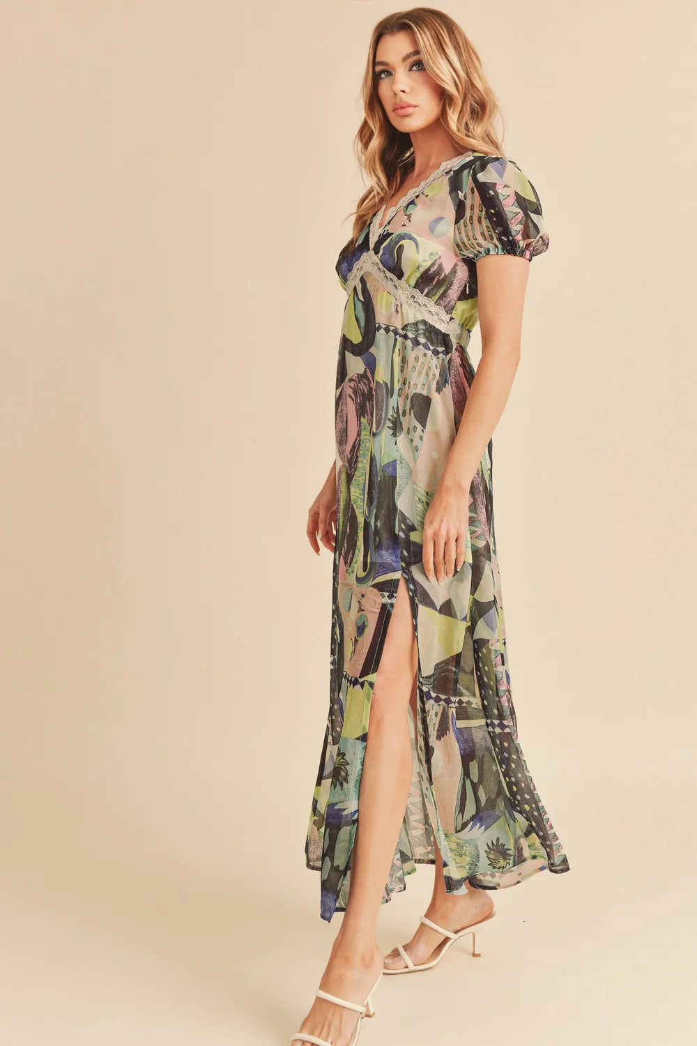 Elegant Lace Detail Slit Geometric Print Short Sleeve Resort Maxi Dress for Women - Perfect for Beach Vacations, Summer Parties & Boho Weddings