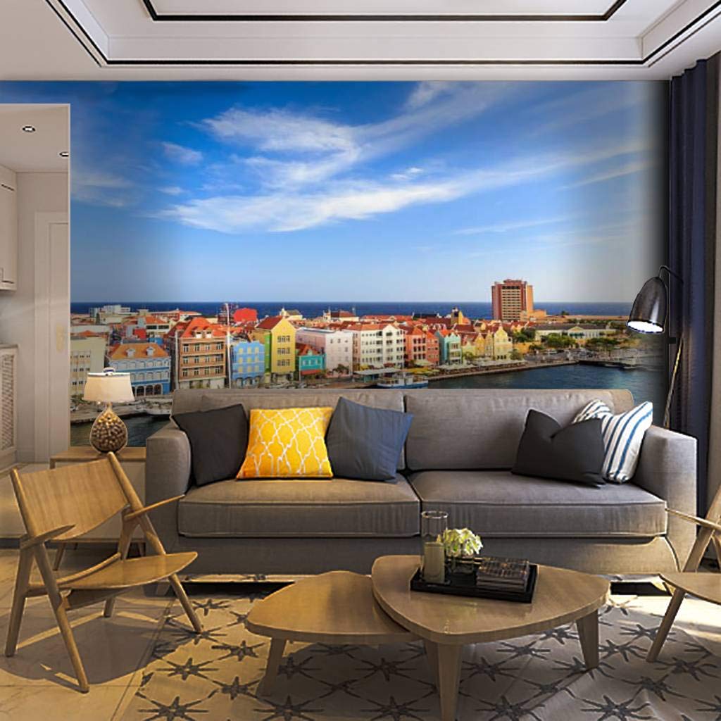 Self-Adhesive Removable Peel & Stick Wallpaper Mural - Colorful Dutch Houses of Curacao Island - Home Decor Wall Decal for Living Room, Bedroom, Nursery - Easy DIY Wall Sticker for Home & Office Renovation