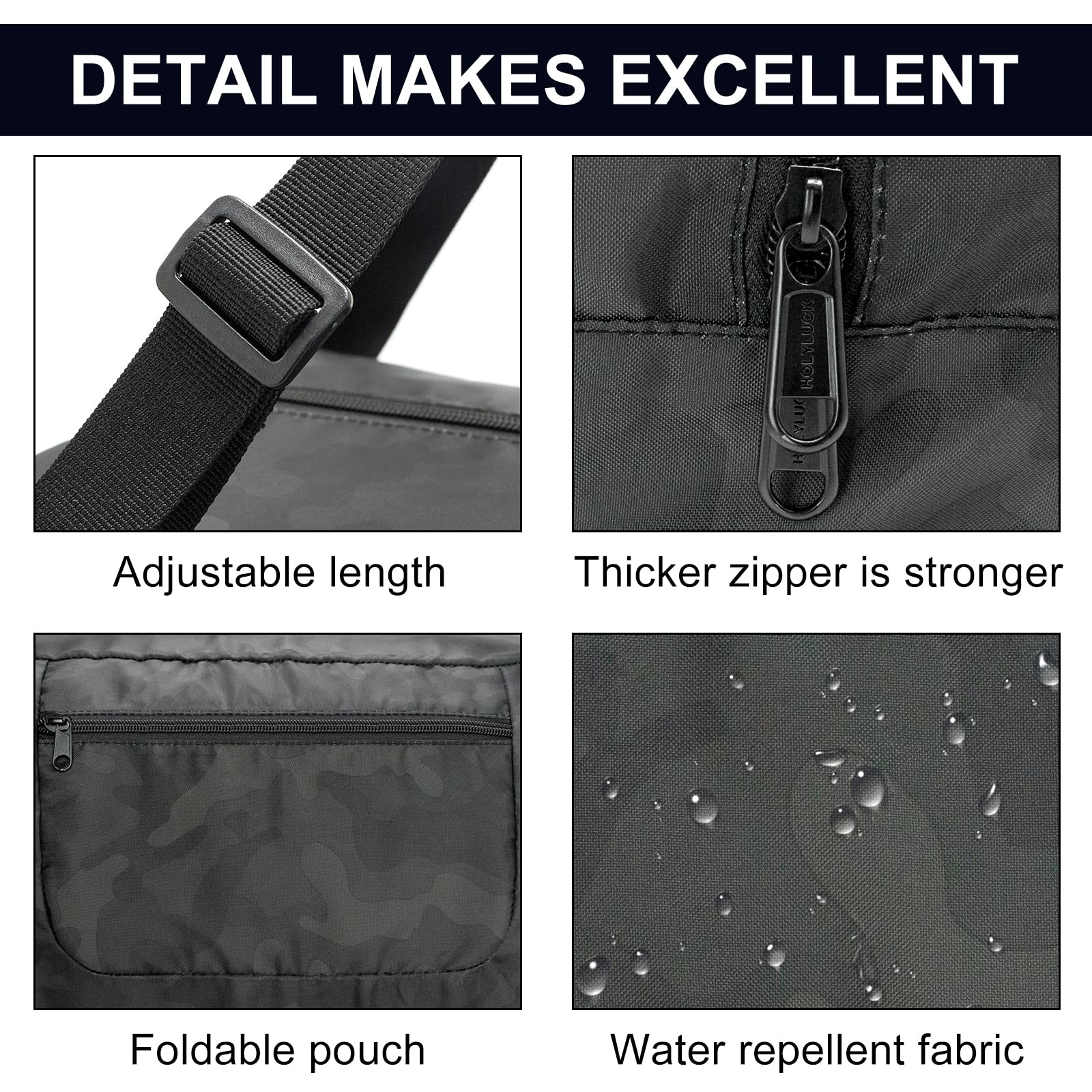 HOLYLUCK Foldable Travel Duffel Bag for Women & Men - Lightweight Gym Bag with Shoulder Strap - Perfect for Workout, Sports, Travel & Weekend Getaways (Midnight Camo)