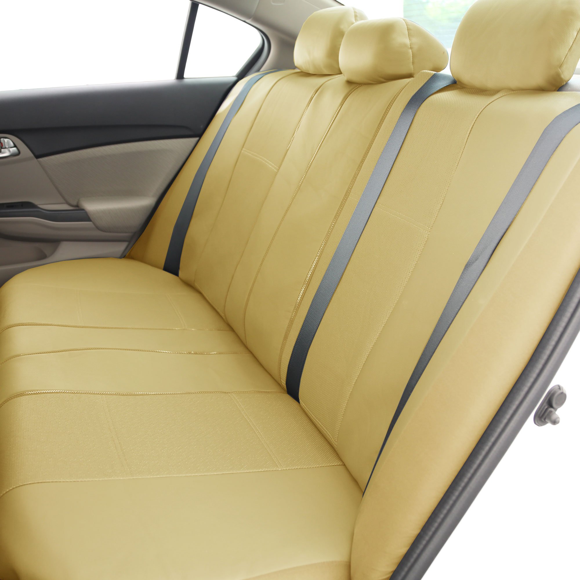 Premium FH Group Universal Car Seat Covers - Beige Full Set Leatherette Protector with Vinyl Floor Mats | Airbag Compatible, Split Bench Design | Perfect for SUVs, Trucks & Sedans | Interior Accessories for Comfort & Style