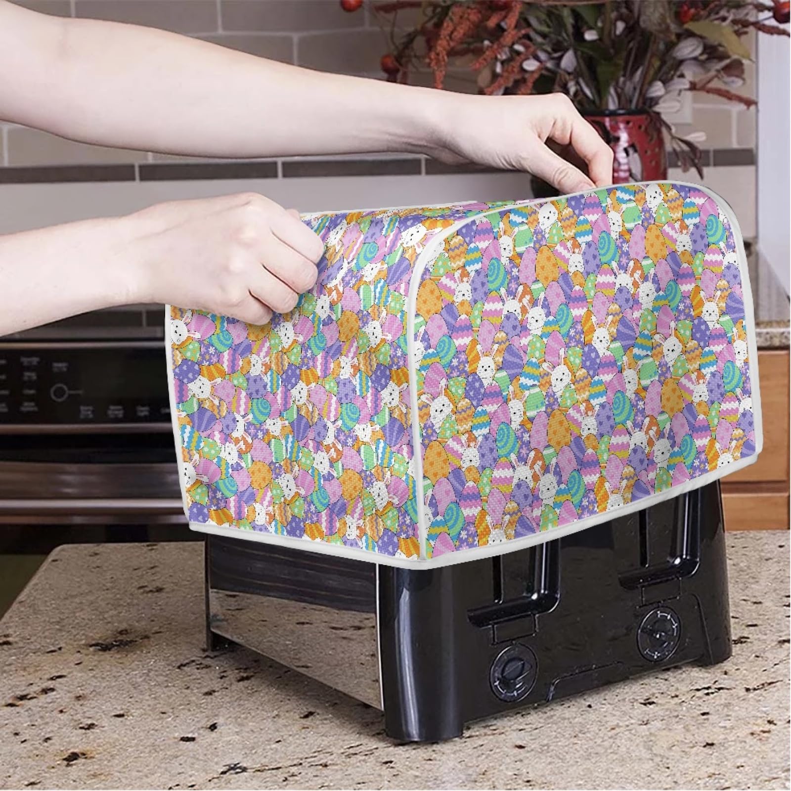 Easter Eggs & Rabbit Toaster Cover for 4 Slice Toaster Oven - Stain Resistant, Dustproof Kitchen Appliance Cover with Top Handle - Perfect for Microwave, Grill, and Kitchen Decor - Ideal for Easter, Spring Decorations, and Daily Kitchen Protection