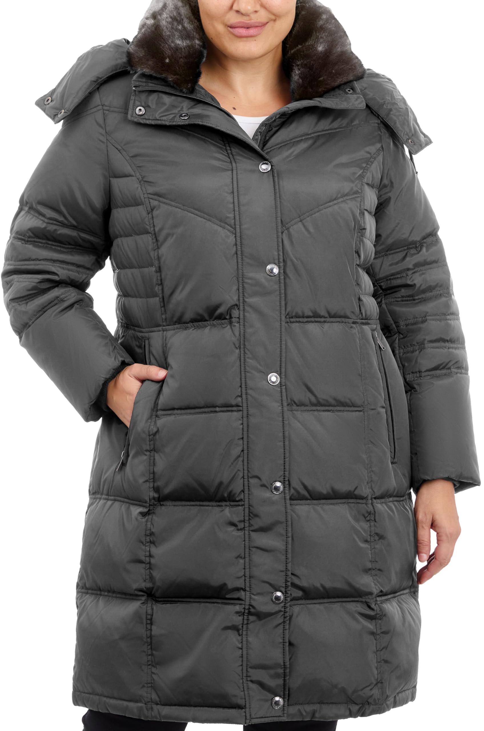London Fog Women's Plus Size Mid-Length Faux Fur Collar Hooded Down Coat - Warm Winter Jacket for Cold Weather & Outdoor Activities