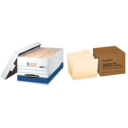 Bankers Box STOR/FILE Medium-Duty Storage Boxes - Case of 12 (00701) White/Blue & Pendaflex File Folders Letter Size 1/3 Cut Manila - 250 per Box (752250) - Office Organization & Document Storage Solution for Home & Business