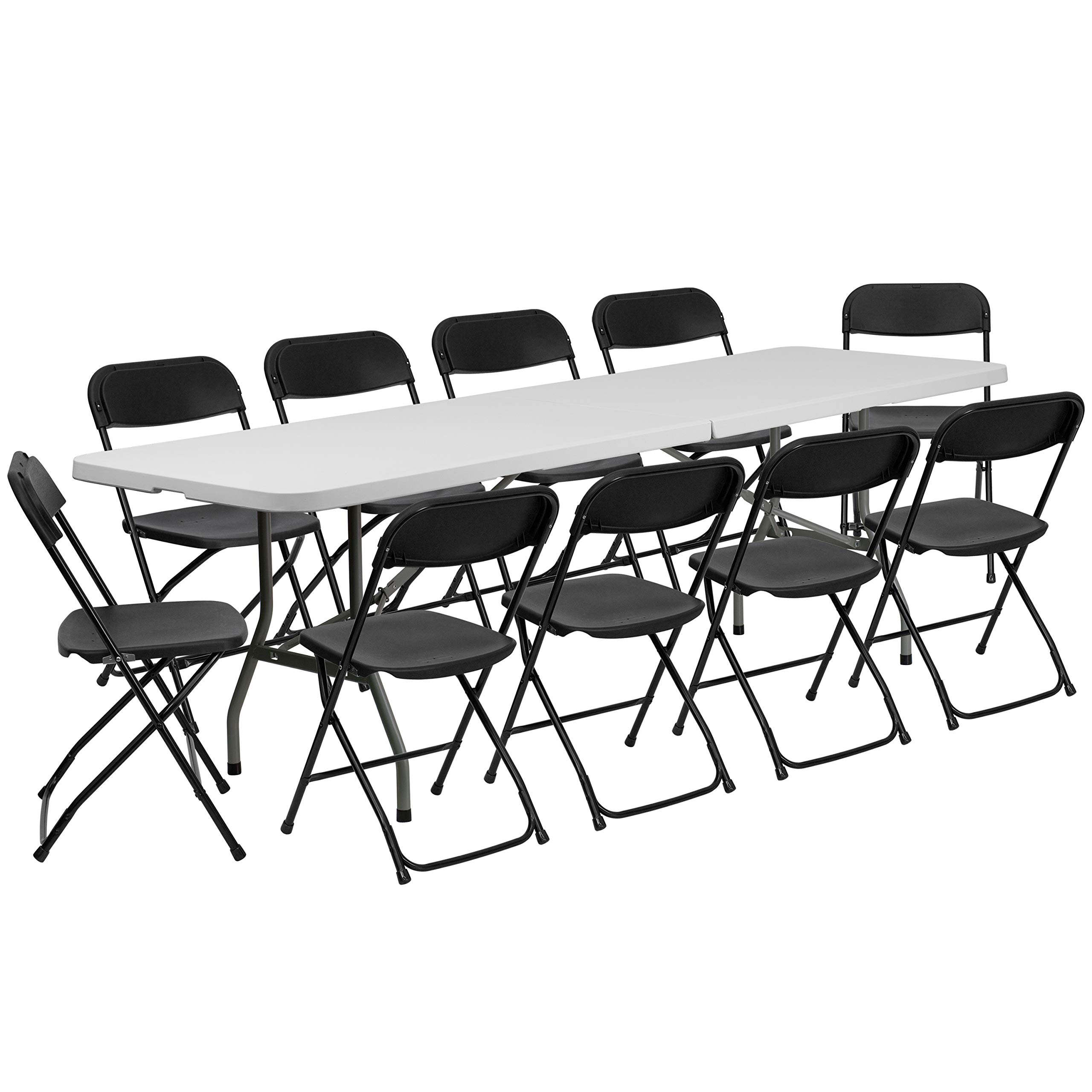 EMMA + OLIVER 8-Foot Bi-Fold White Plastic Folding Table Set with 10 Chairs - Perfect for Events, Training, Banquets & Home Use