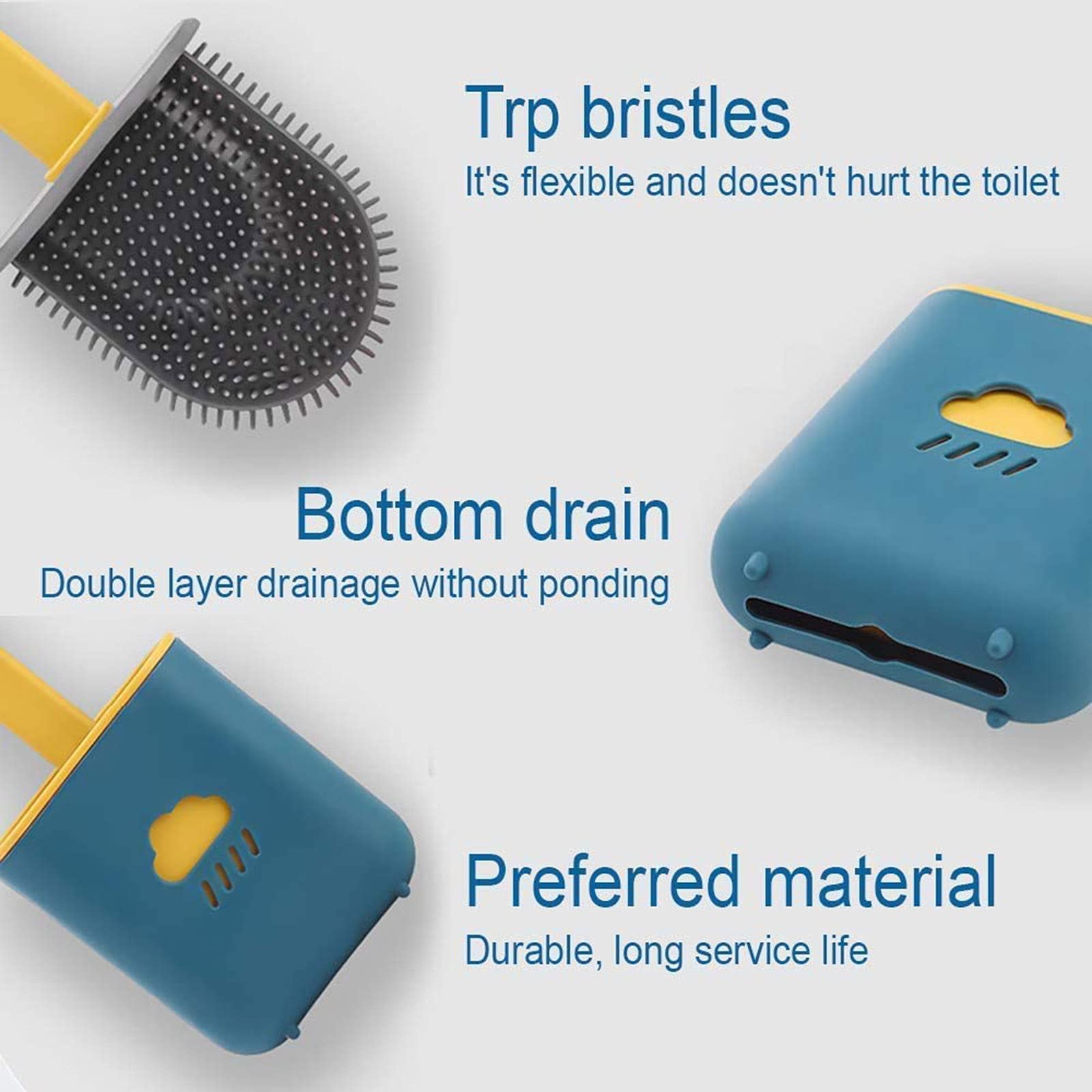 Deep Clean Silicone Toilet Brush Set - No-Slip Long Plastic Handle & Flexible Bristles with Hook - No Drilling Wall Mounted Quick Dry Holder for Bathroom (Gray) - Perfect for Small Spaces & Easy Bathroom Cleaning