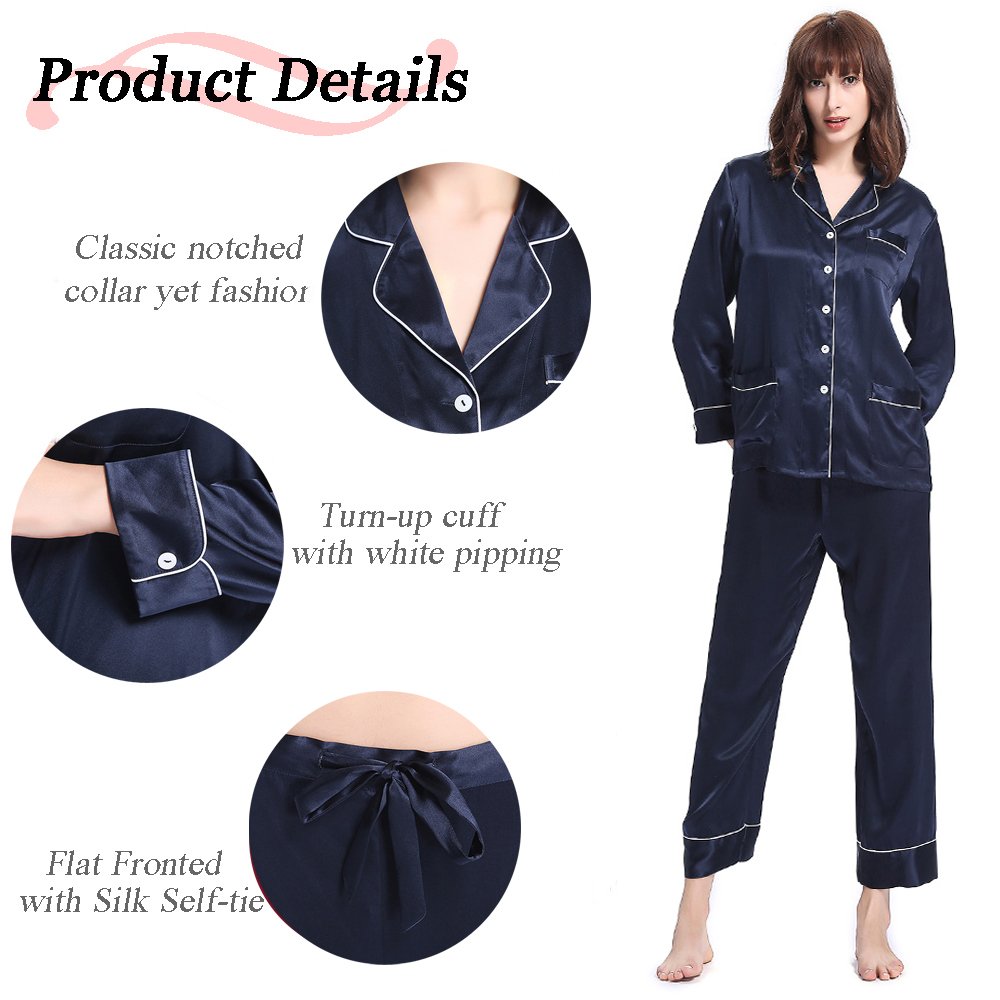 LilySilk Women's Long Sleeve Silk Pajama Set - V-Neck Notched Collar with White Trim - Luxurious Sleepwear for Women - Perfect for Nighttime Comfort, Bridal Shower Gifts & Relaxing at Home