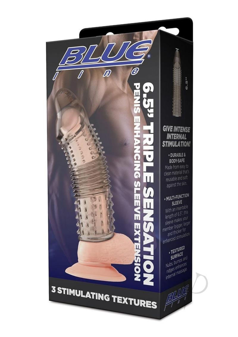 Blue Line Triple Sensation Penis Enhancing Sleeve Extension - 6.5 Inch Smoke Color | Pleasure Enhancement for Couples & Solo Play | Discreet Adult Toy for Enhanced Intimacy