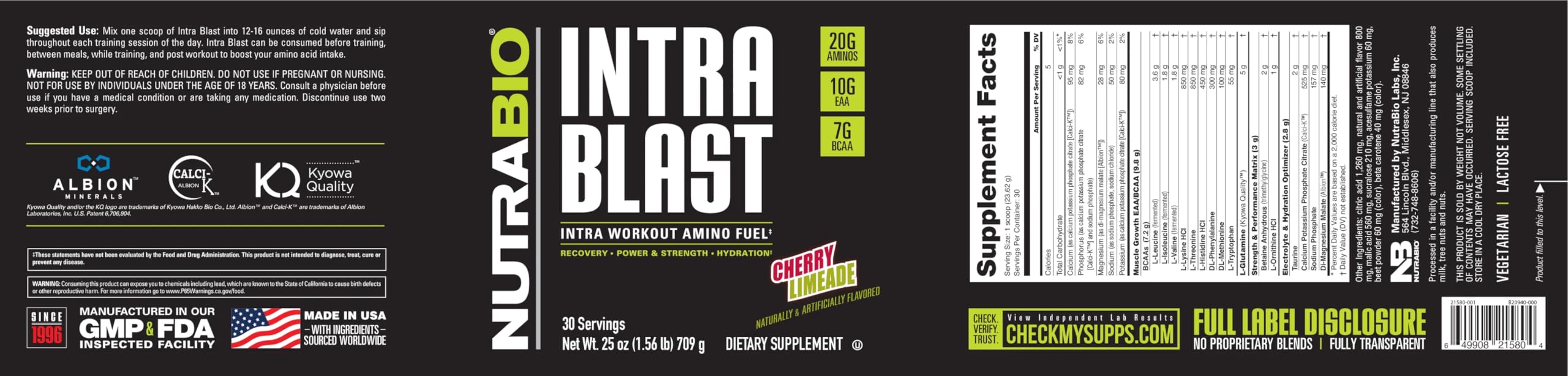 NutraBio Intra Blast BCAA EAA Electrolyte and Hydration Powder - Amino Acid Supplement for Workout Recovery - Non-GMO, Gluten Free Cherry Limeade Flavor - 30 Servings - Perfect for Post-Workout Hydration & Muscle Recovery