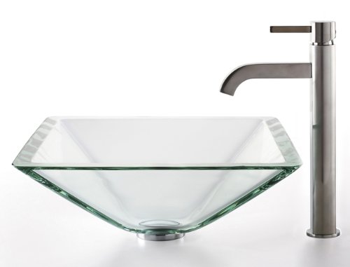 Kraus 19mm Clear Aquamarine Glass Vessel Sink with Chrome Ramus Faucet - Modern Bathroom Vanity Sink for Contemporary Home Decor