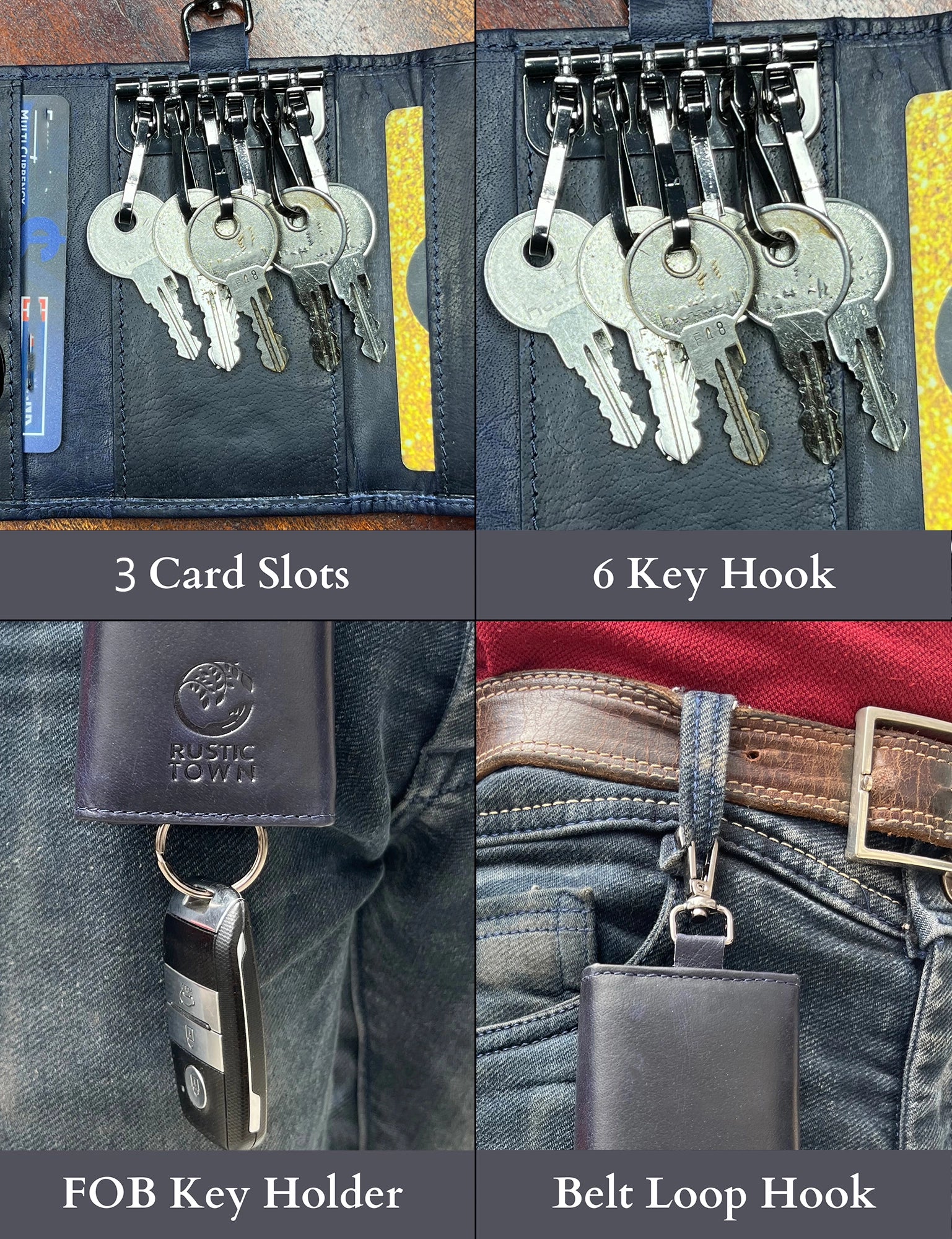 Premium Genuine Leather Key Holder - Smart Fob Car Key Loop with Durable Metal Ring - Slim Minimalist Keychain Organizer (Blue) - Perfect for Car Keys, House Keys & Office Keys