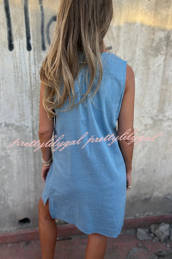Solid Color Sleeveless V-Neck Casual Pocket Mini Dress for Women - Summer Beach Party, Date Night & Vacation Outfit