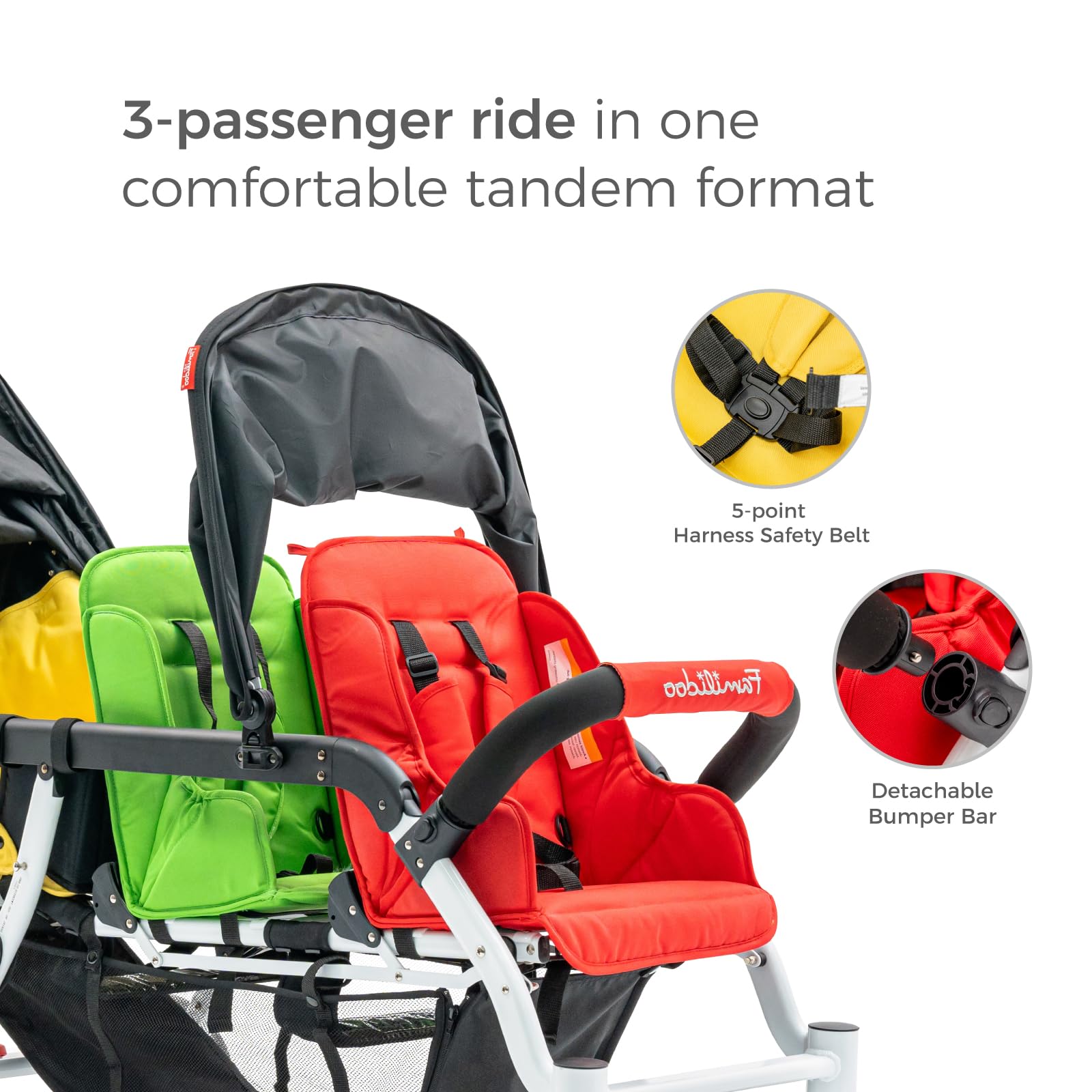 Familidoo H3E 3 Seat Baby Stroller - Lightweight Tandem Triple Stroller for Daycare with 5-Point Safety Harness - Adjustable Reclining Seats for Infants & Toddlers 0-3 Years - Compact Foldable Design - Perfect for Shopping, Travel & Family Outings