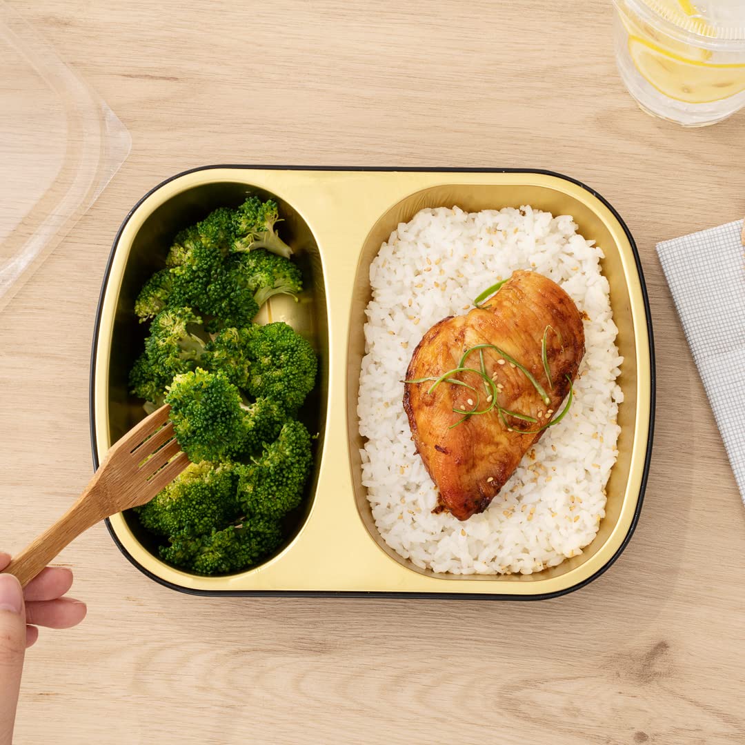 Restaurantware Foil Lux 28oz Aluminum Food Containers - 100 Pack Rectangle Foil Trays with 2 Compartments (Lids Sold Separately) | Oven-Safe Black & Gold Baking Pans for Meal Prep, Catering, Takeout & Party Serving