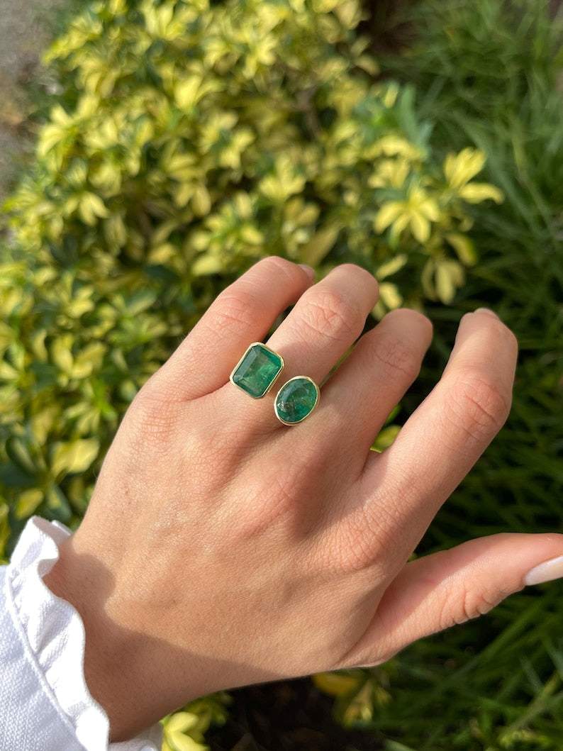 8.80tcw 18K Gold Toi Et Moi Ring with Emerald & Oval Cut Deep Green Gemstones | Vintage Inspired Engagement Ring, Wedding Band, Anniversary Gift for Her