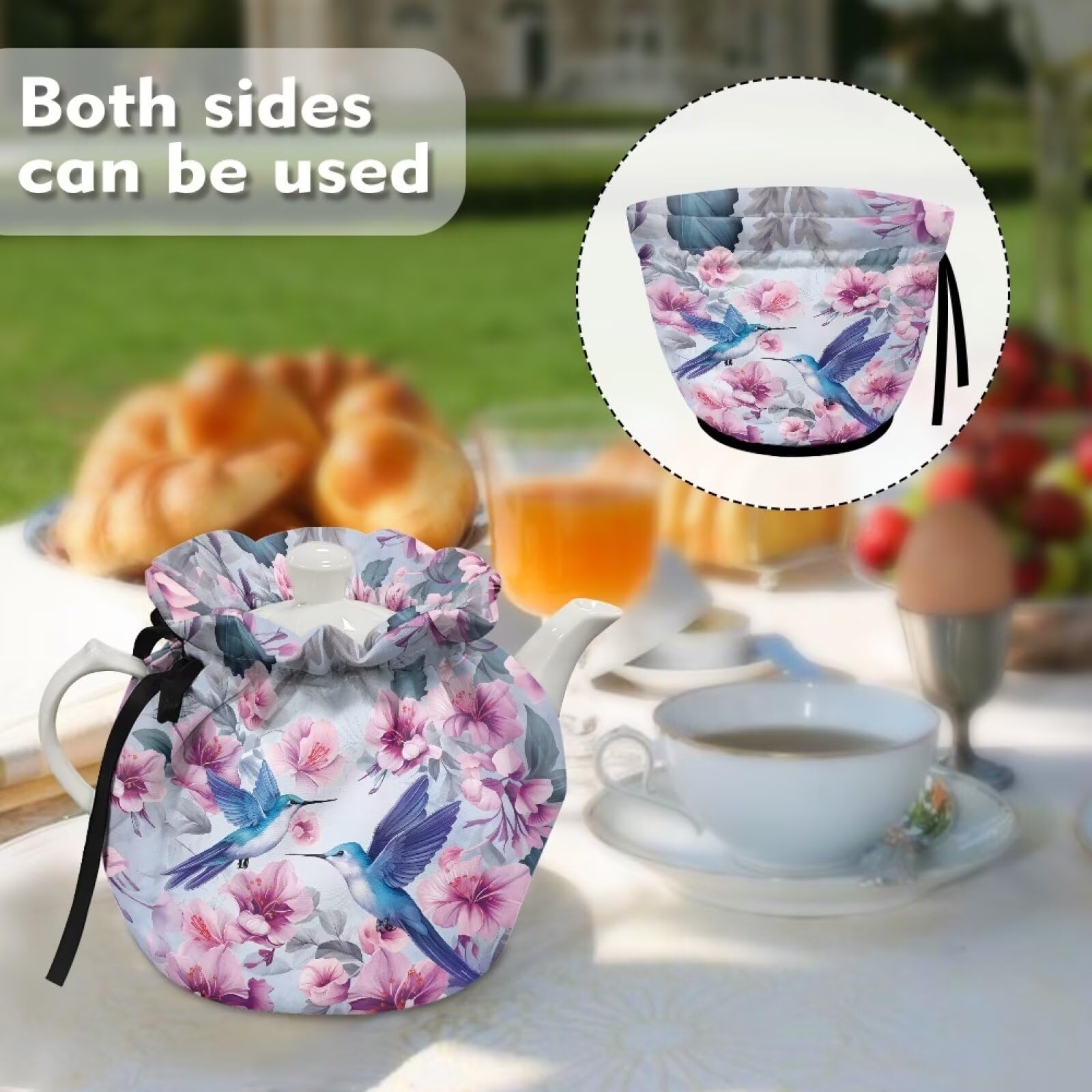 Hummingbird Pink Floral Tea Pot Cover - Insulated Tea Cosy for Kitchen, Breakfast Warmer & Decorative Kettle Dust Cover - Easy to Clean & Portable - Perfect for Home, Tea Parties & Cozy Kitchen Decor