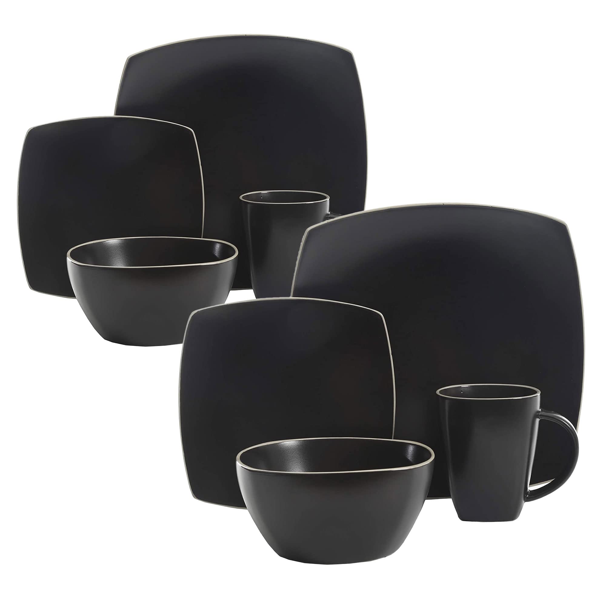 Gibson Elite 102261.16RM Soho Lounge 16-Piece Dinnerware Set for 4 - Matte Black with White Rims (2 Pack) | Includes Dinner Plates, Dessert Plates & Mugs | Perfect for Family Dining, Dinner Parties & Restaurant-Style Entertaining