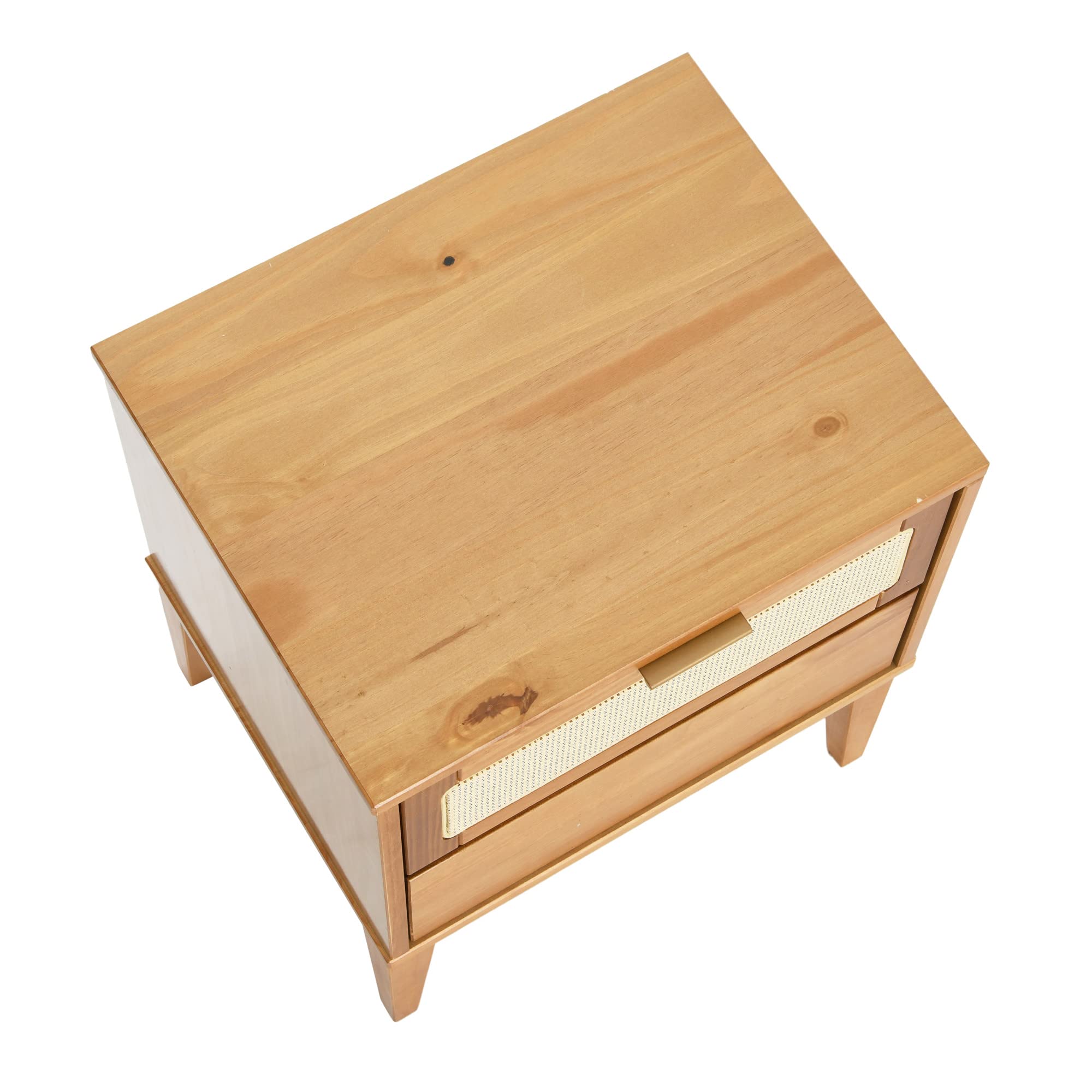 Creative Co-Op Crawford Solid Wood Nightstand with 2 Storage Drawers & Cane Detail - Light Brown Finish - Bedroom Furniture for Small Spaces, Modern Farmhouse Decor