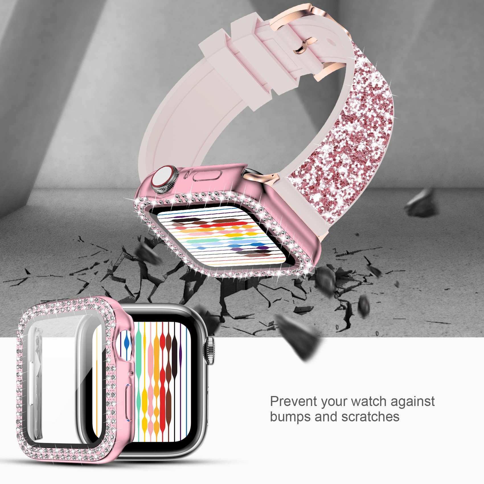 Sparkly Rhinestone Apple Watch Band with Protective Case - Compatible with iWatch Series 9/8/7/6/5/4/3/2/1 & SE (45/44/42/41/40/38mm) - Fashion Glitter Silicone Strap for Women - Perfect for Workouts, Parties & Everyday Wear