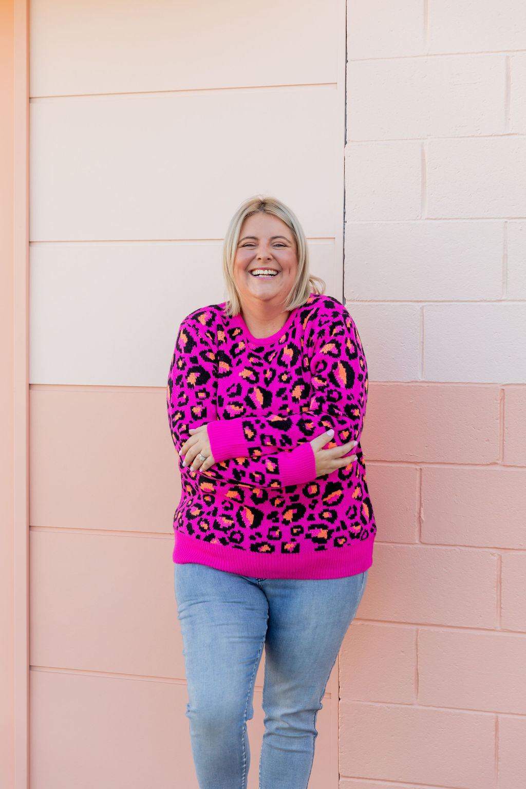 Kasey Rainbow Frankie Knit Sweater - Pink Leopard Print Women's Pullover | Cozy Winter Fashion for Casual Outings & Date Nights