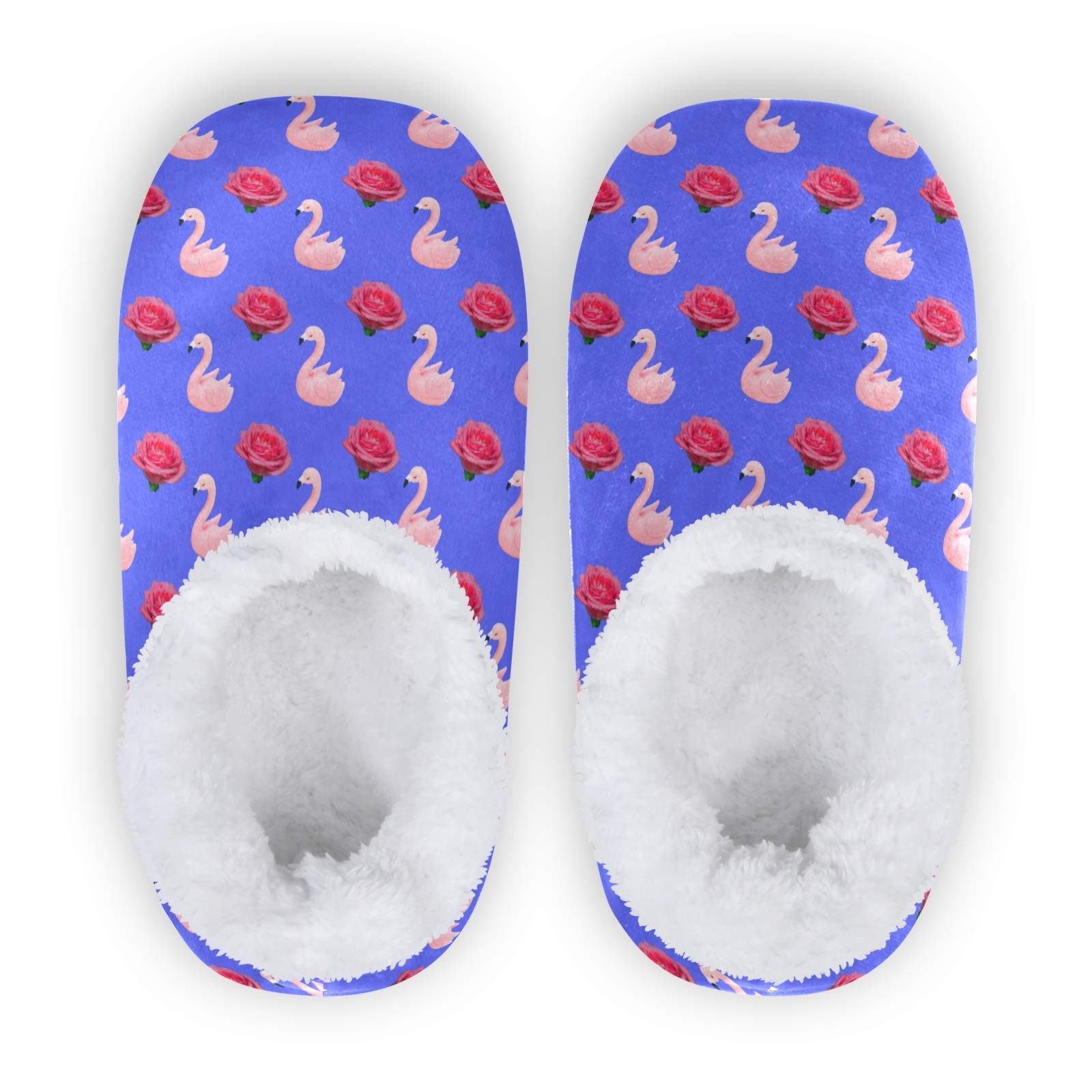 Women's & Men's Cozy Fleece House Slippers with Pink Flamingo & Rose Design - Warm Winter Indoor/Outdoor Slippers for Home, Office & Travel