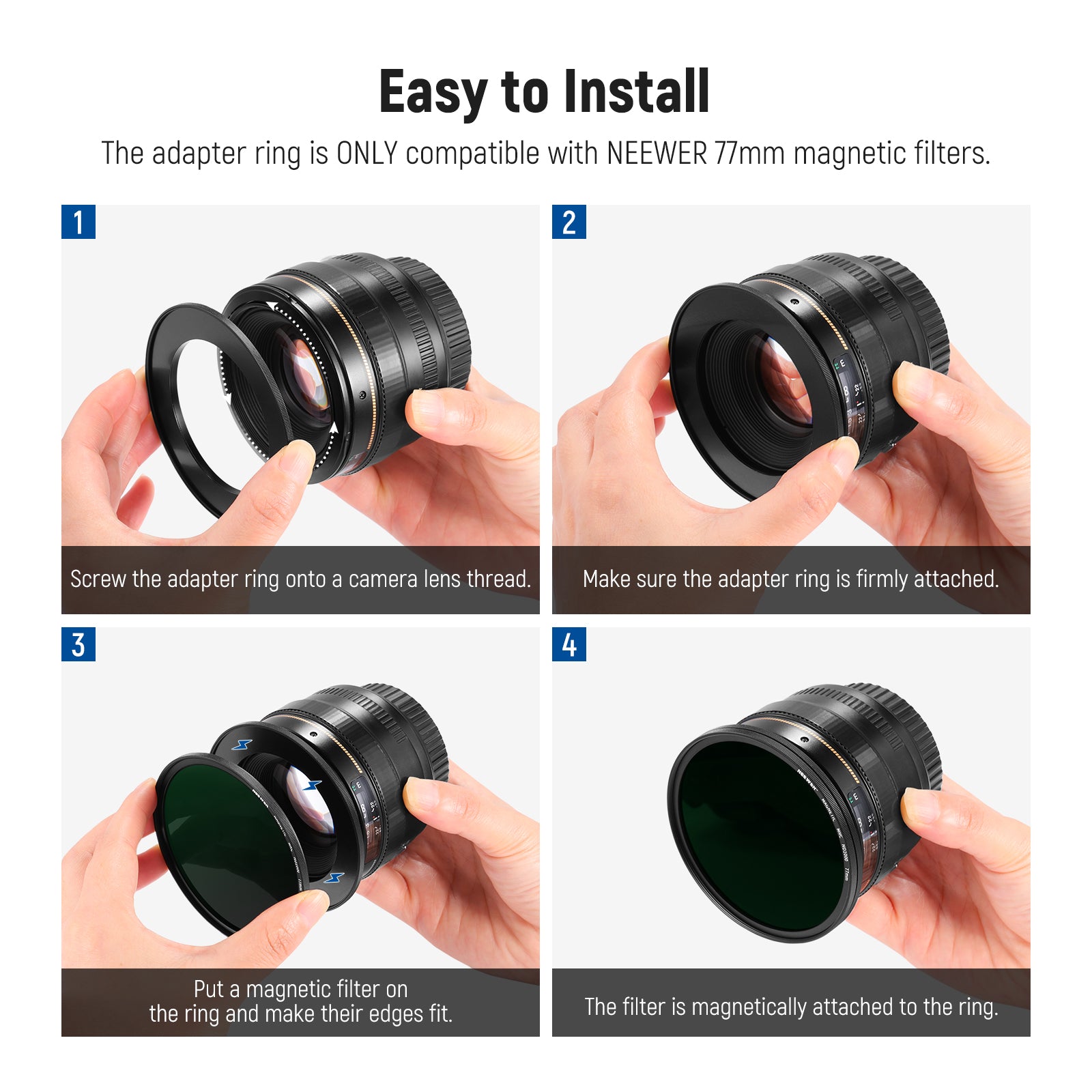 NEEWER Magnetic Step-Up Filter Ring Adapter Kit - Compatible with 52mm to 82mm Lens Filters - Perfect for DSLR, Mirrorless Cameras & Photography Accessories - Ideal for Outdoor, Portrait & Landscape Photography