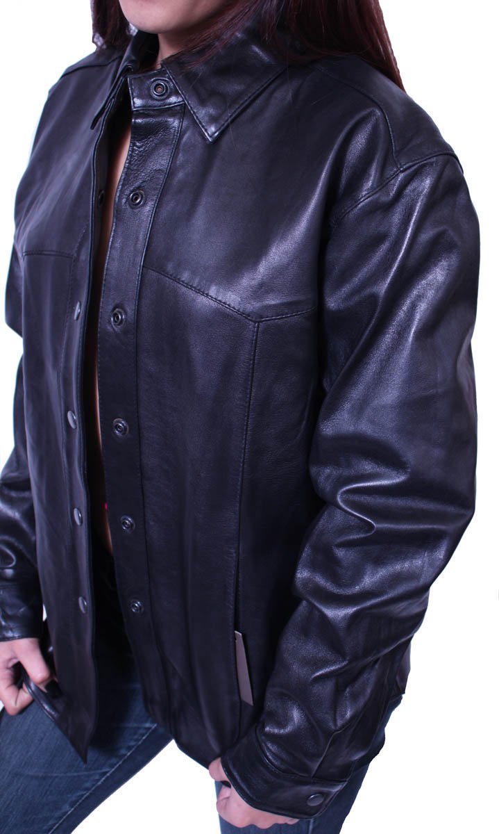 Women's Tailor Fitted Leather Shirt with Inside & Outside Pockets - Stylish Office Wear & Casual Outfit for Business Women