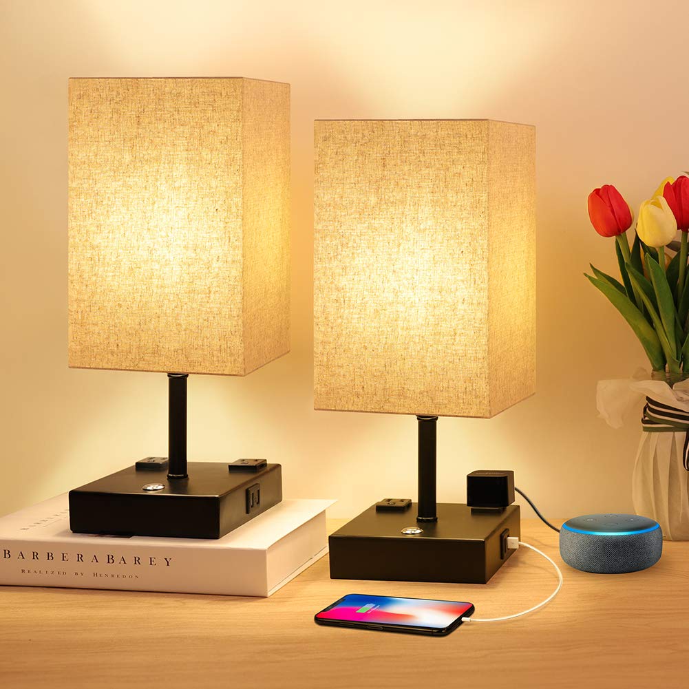 3-Way Dimmable Touch Control Bedside Lamp with 2 USB Ports & 2 AC Outlets - Flaxen Fabric Shade Nightstand Light for Bedroom, Living Room, Office & Reading - Set of 2 Lamps - Perfect for Nighttime Reading, Charging Devices & Ambient Lighting