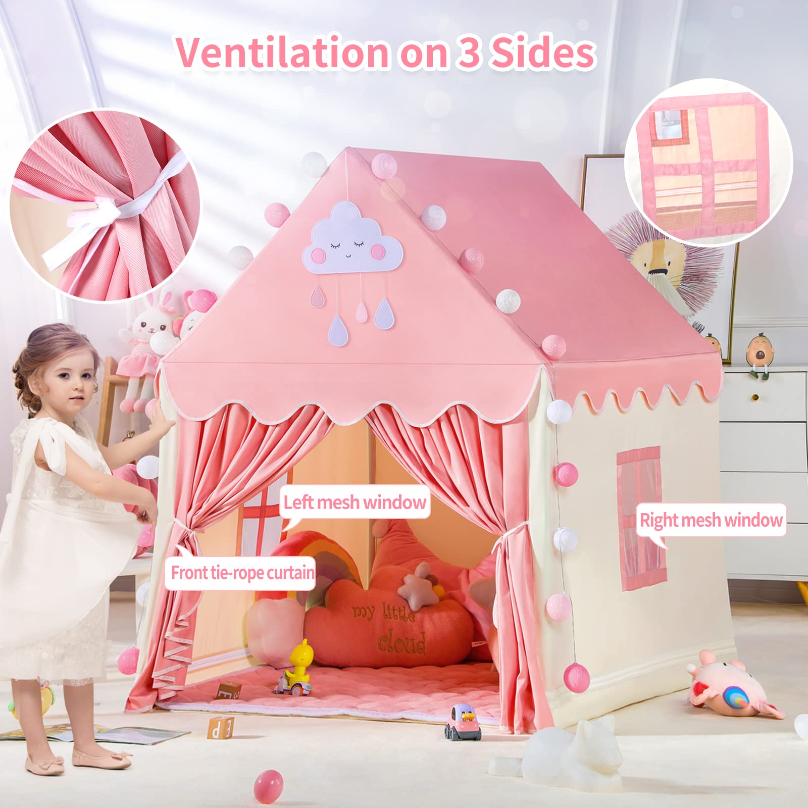 SISTICKER Pink Fairy Princess Castle Play Tent for Girls - Large Kids Playhouse for Indoor & Outdoor Fun, Toddler Gift Toy, Perfect for Birthday Parties & Imaginative Play