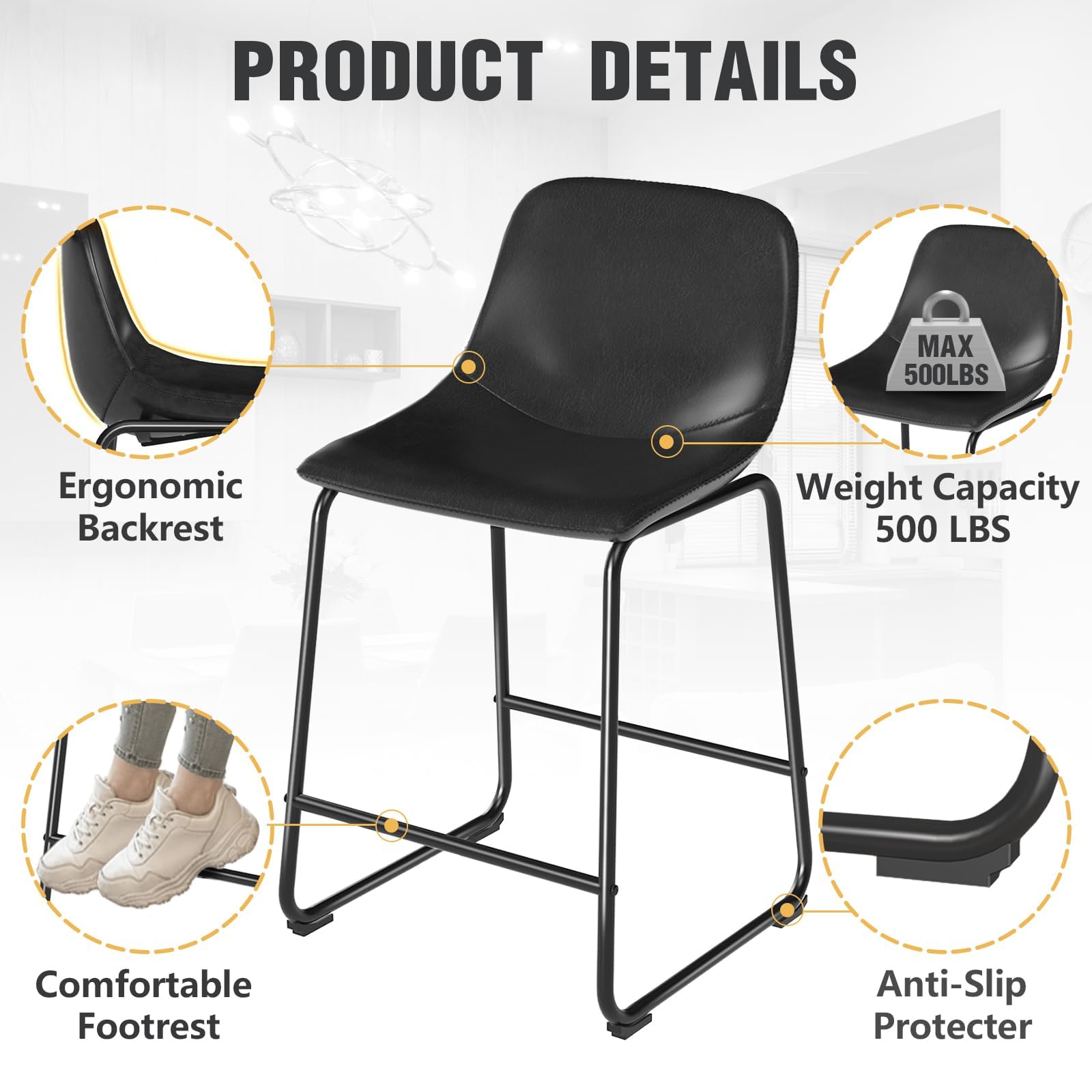 Modern Black Counter Height Bar Stools Set of 3 - Armless Kitchen Island Chairs with Back Support & Sturdy Metal Legs - Perfect for Home Bars, Kitchen Islands, Coffee Shops and Restaurant Dining Areas