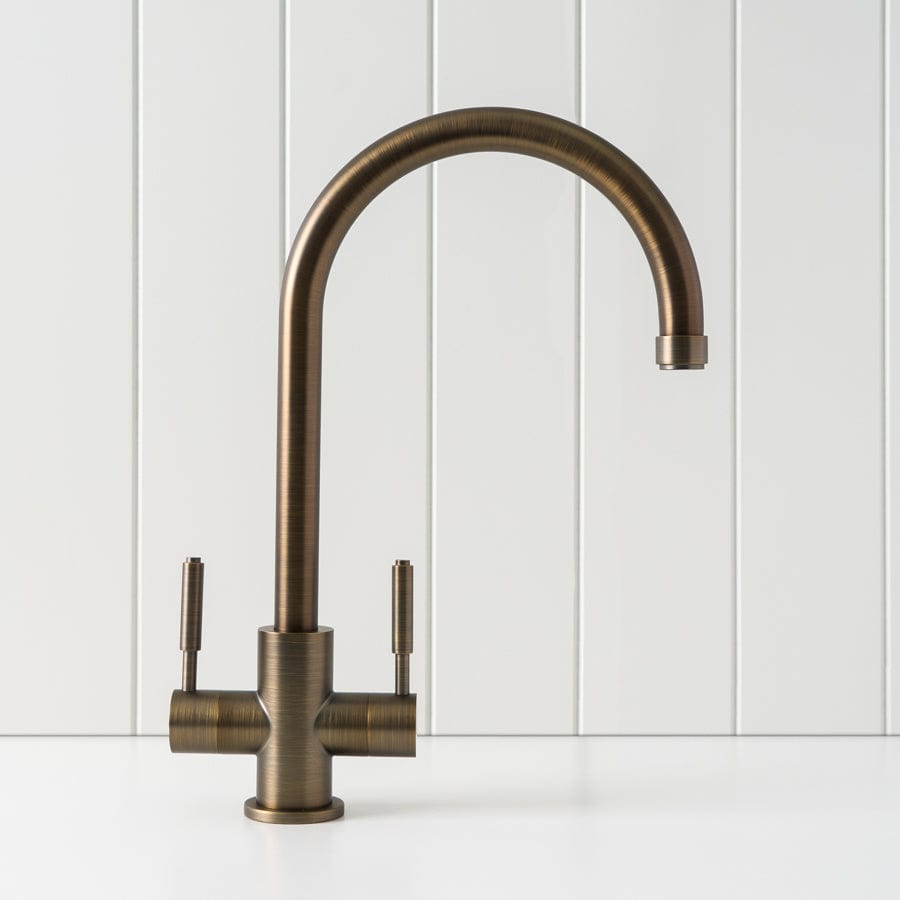 Antique Brass Melbourne Twin Tap Kitchen Mixer - Vintage Style Two Handle Sink Faucet for Farmhouse & Modern Kitchens