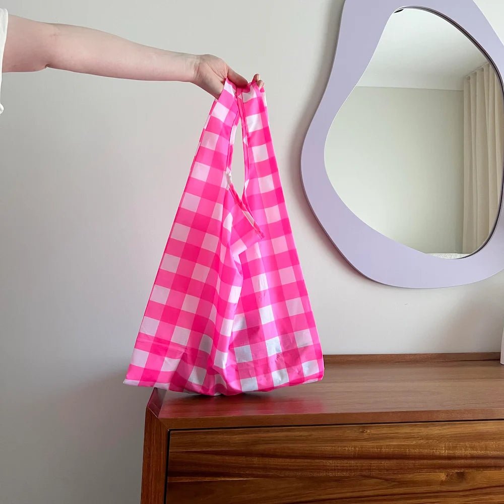 Eco-Friendly Reusable Shopping Bags - 2 Pack with 2 Sizes (Small & Large) - Stylish Neon Pink Gingham Pattern - Perfect for Groceries, Beach Trips & Farmers Markets