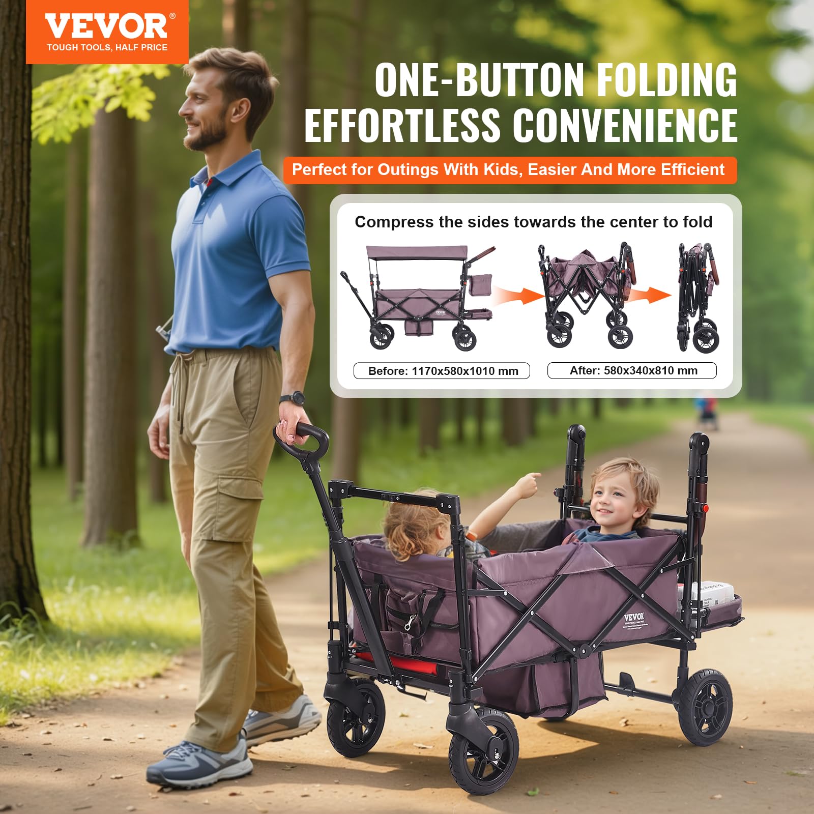 VEVOR Double Stroller for 2 Kids - Foldable 4-Wheel Wagon with Adjustable Handle, Safety Harness & Removable Canopy - Perfect for Camping, Beach Outings & Family Walks (Dark Purple)