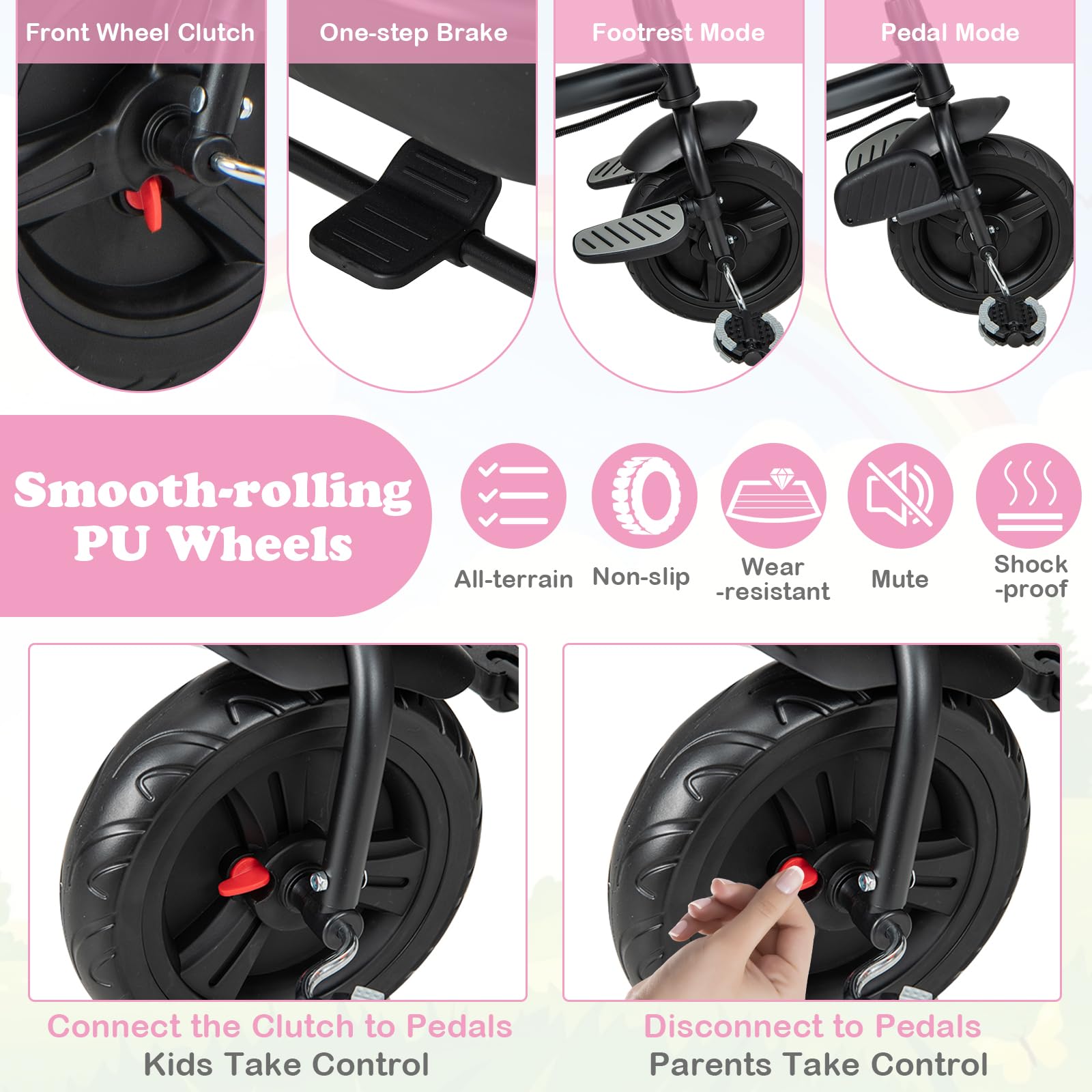 HONEY JOY 6-in-1 Convertible Kids Tricycle with Adjustable Push Handle & Canopy - Reversible Seat, Safety Belt, Folding Pedals, Cup Holder & Storage - Toddler Tricycle for Ages 9 Months to 5 Years (Pink) - Perfect for Outdoor Play, Park Rides & Neighborhood Strolls