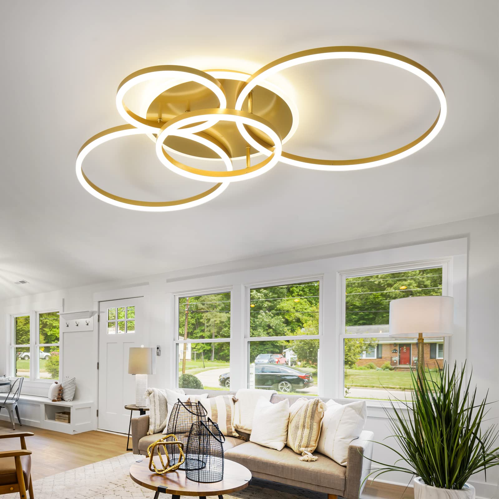 90W Modern LED Ceiling Light Fixture - Dimmable Flush Mount Chandelier with Remote Control, 5-Ring Gold Acrylic Design for Living Room, Bedroom & Kitchen | Energy-Efficient Lighting Solution for Home Decor & Ambient Illumination