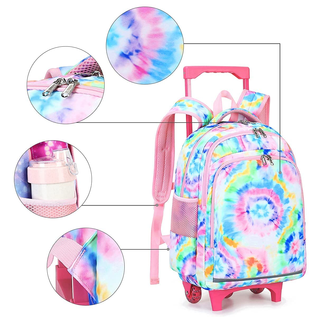 **CAMTOP 18 Inch Rolling Backpack for Girls - Wheeled School Backpack with Handle, Tie Dye Travel Luggage for Kids - Perfect for School, Travel & Weekend Trips**