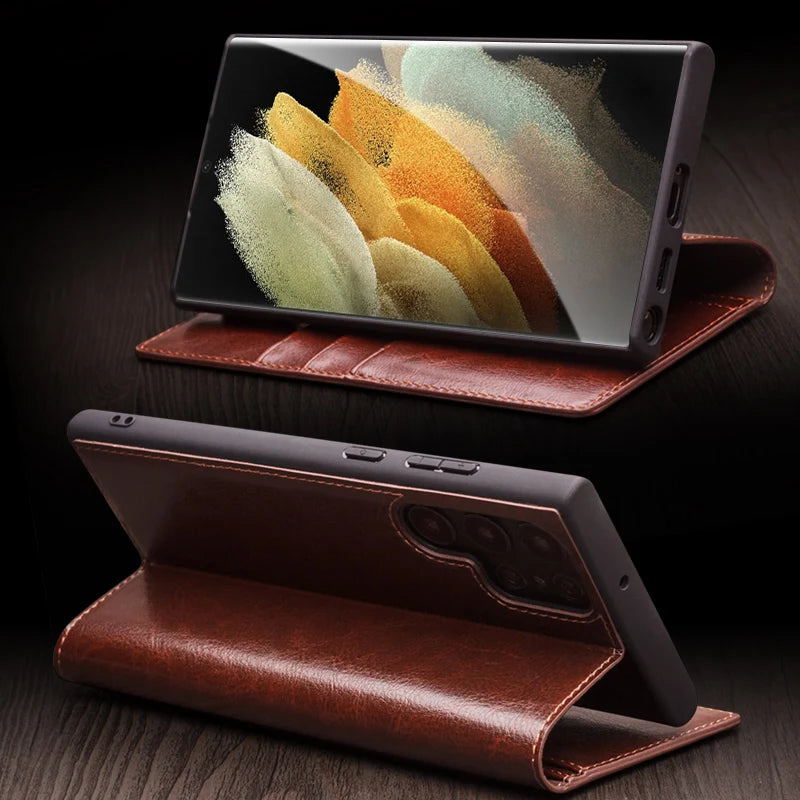 Samsung Galaxy S25 Ultra Genuine Leather Wallet with Card Slots - Stylish Retro Design for Men & Women - Perfect for Everyday Use, Travel, and Business