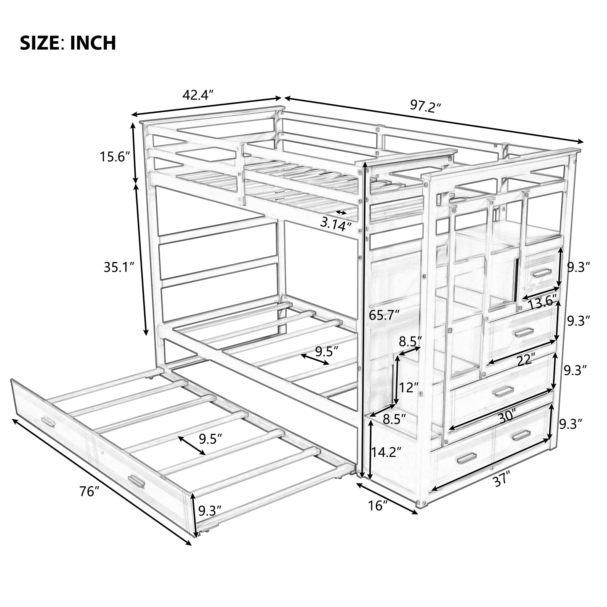 Solid Wood Twin Bunk Bed with Trundle, Storage & Stairs - Space-Saving Kids' Room Solution