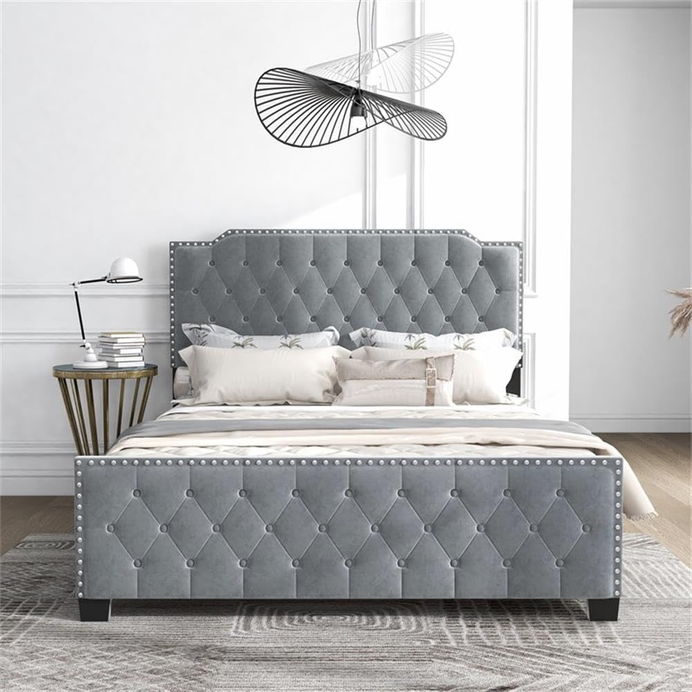 Furniture of America Chetana Light Gray Full Tufted Upholstered Wood Bed Frame - Queen Size Platform Bed with Upholstered Headboard - Perfect for Modern Bedroom, Guest Room & Master Suite Decor