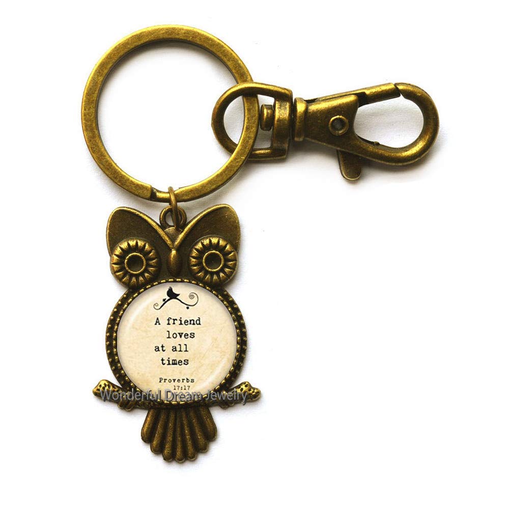 Faith Owl Keychain - Christian Jewelry Gift with 'A Friend Loves at All Times' Verse - Religious Key Ring for Women & Men - Brass Friend Keychain - Perfect for Bible Study, Church Events & Daily Inspiration