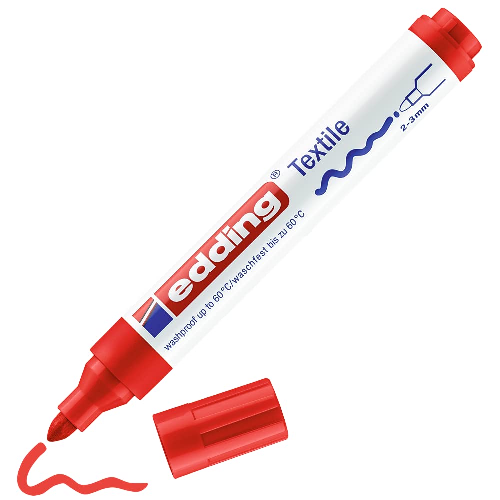 edding 4500 Permanent Fabric Marker Pen - Red, 1-Pack with 2-3mm Round Tip - Wash-Resistant Up to 60°C - Ideal for Textile Drawing, Fabric Lettering & DIY Crafts on Clothes, Bags, and Home Decor