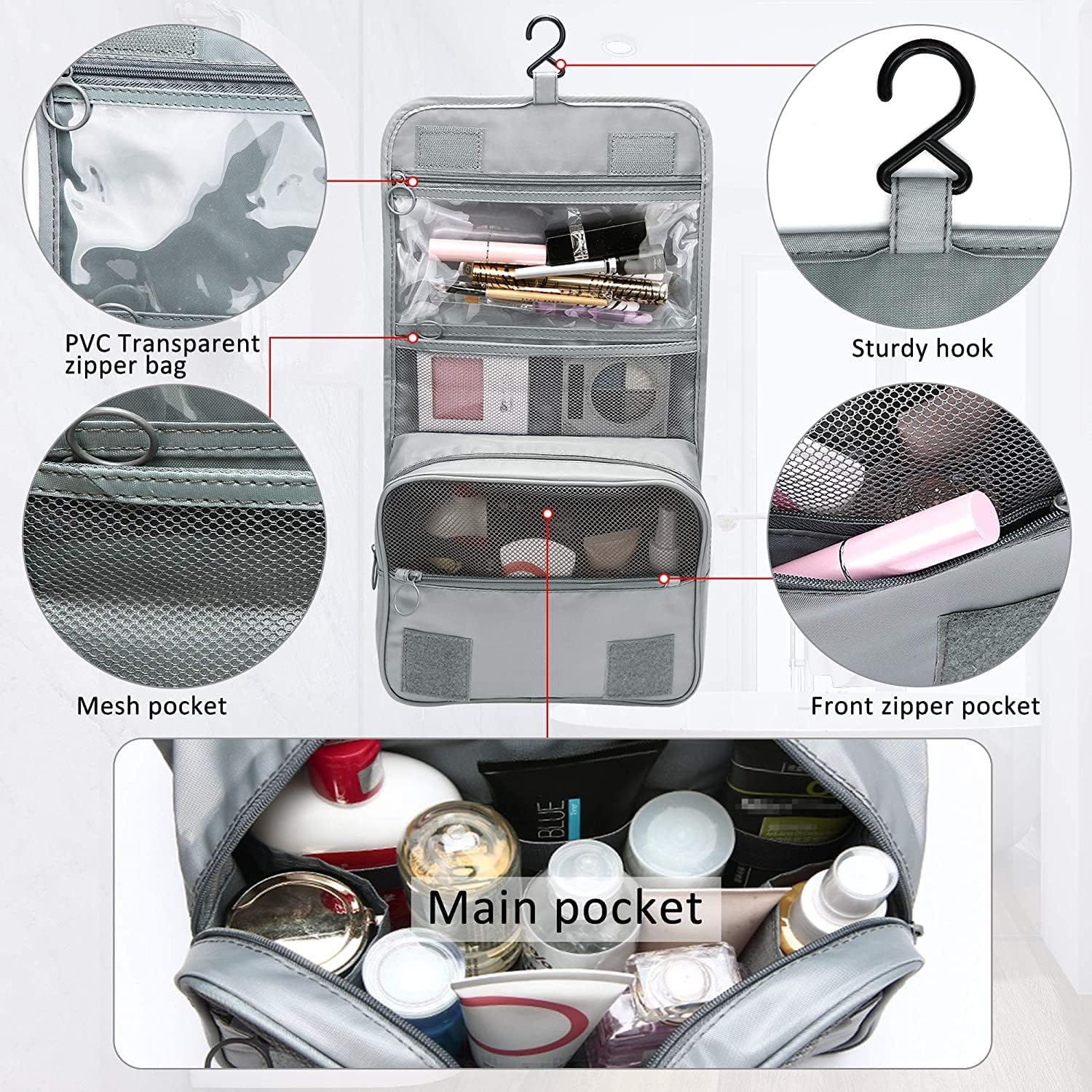 Trawila Travel Hanging Toiletry Bag for Men & Women - Waterproof Cosmetic Organizer with Sturdy Hook - Perfect for Bathroom, Gym, Camping & Airplane Travel (Gray)