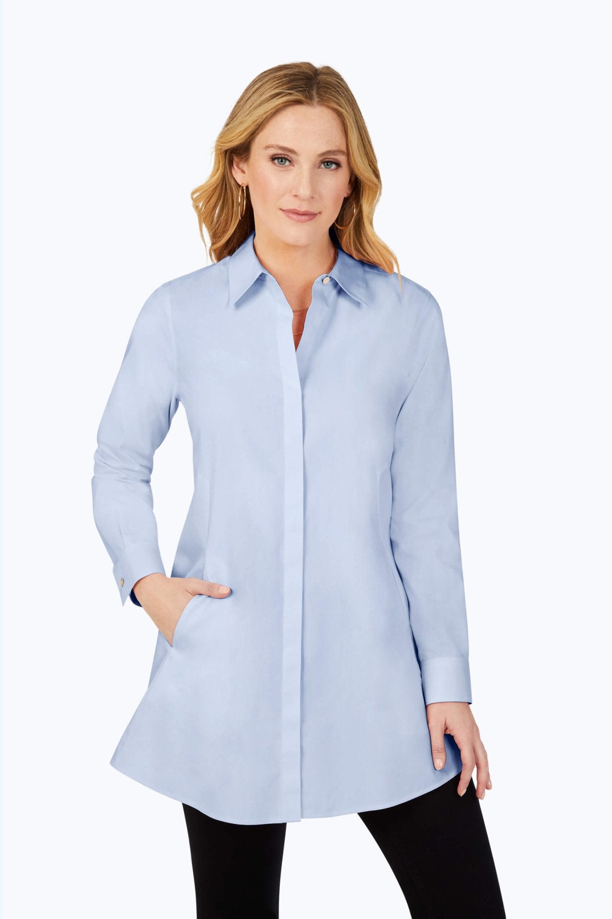 No Iron Pinpoint Long Sleeve Tunic for Women - Wrinkle-Free Office Blouse, Comfortable Business Casual Top for Work & Professional Wear