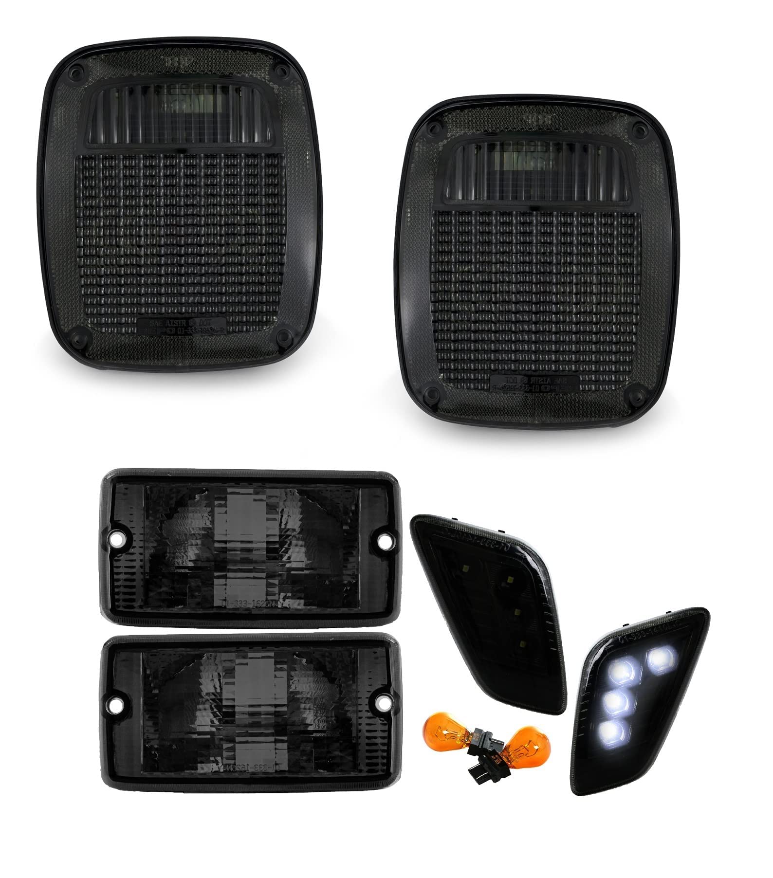USR DEPO 97-06 Jeep Wrangler TJ Tail Lights with White LED Side Marker Lights - Smoked Lens 6-Piece Plug & Play Combo Set - Fits 1997-2006 Wrangler TJ Models - Perfect for Off-Roading & Night Driving
