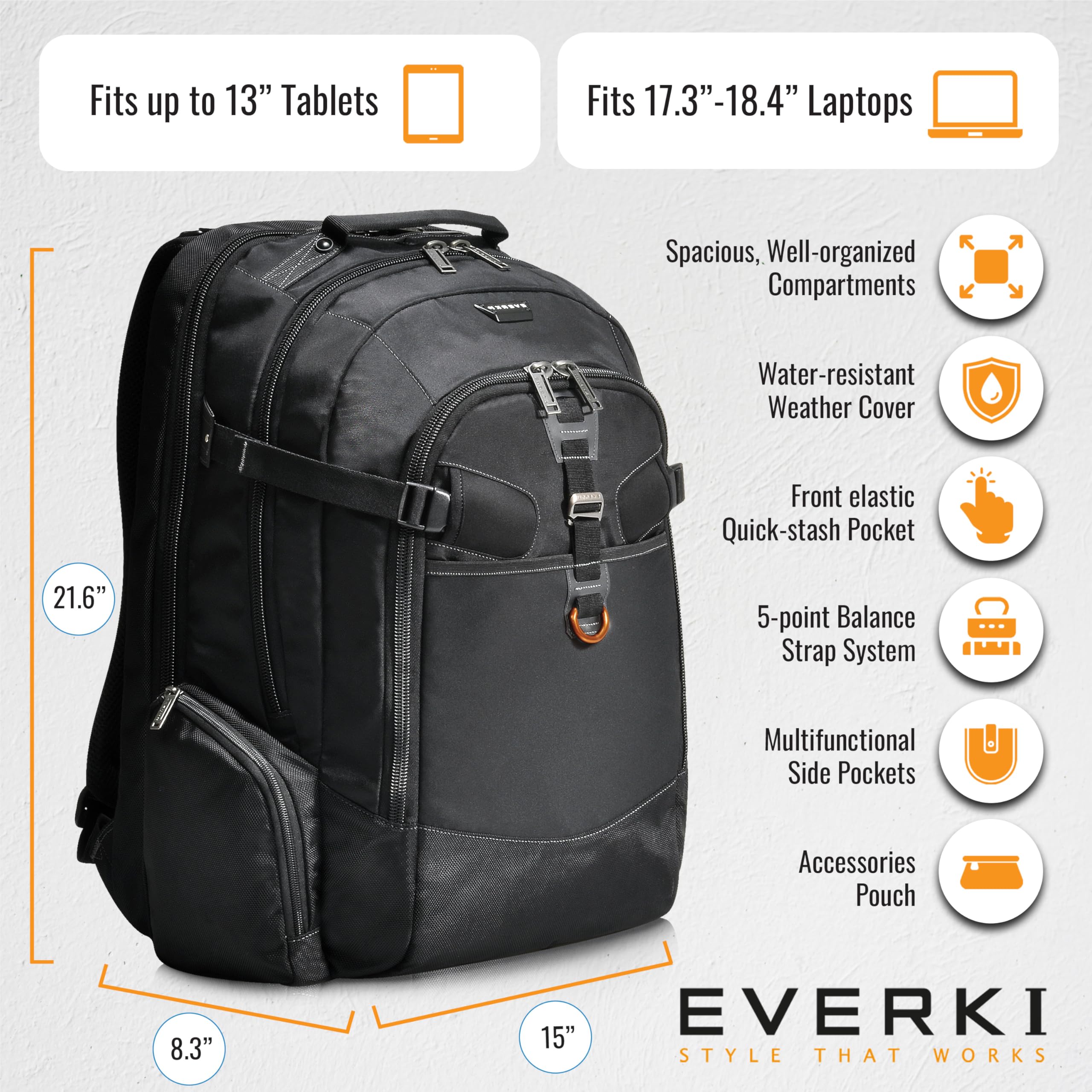 EVERKI Business 120 Professional Laptop Backpack with Rain Cover - XL 18.4