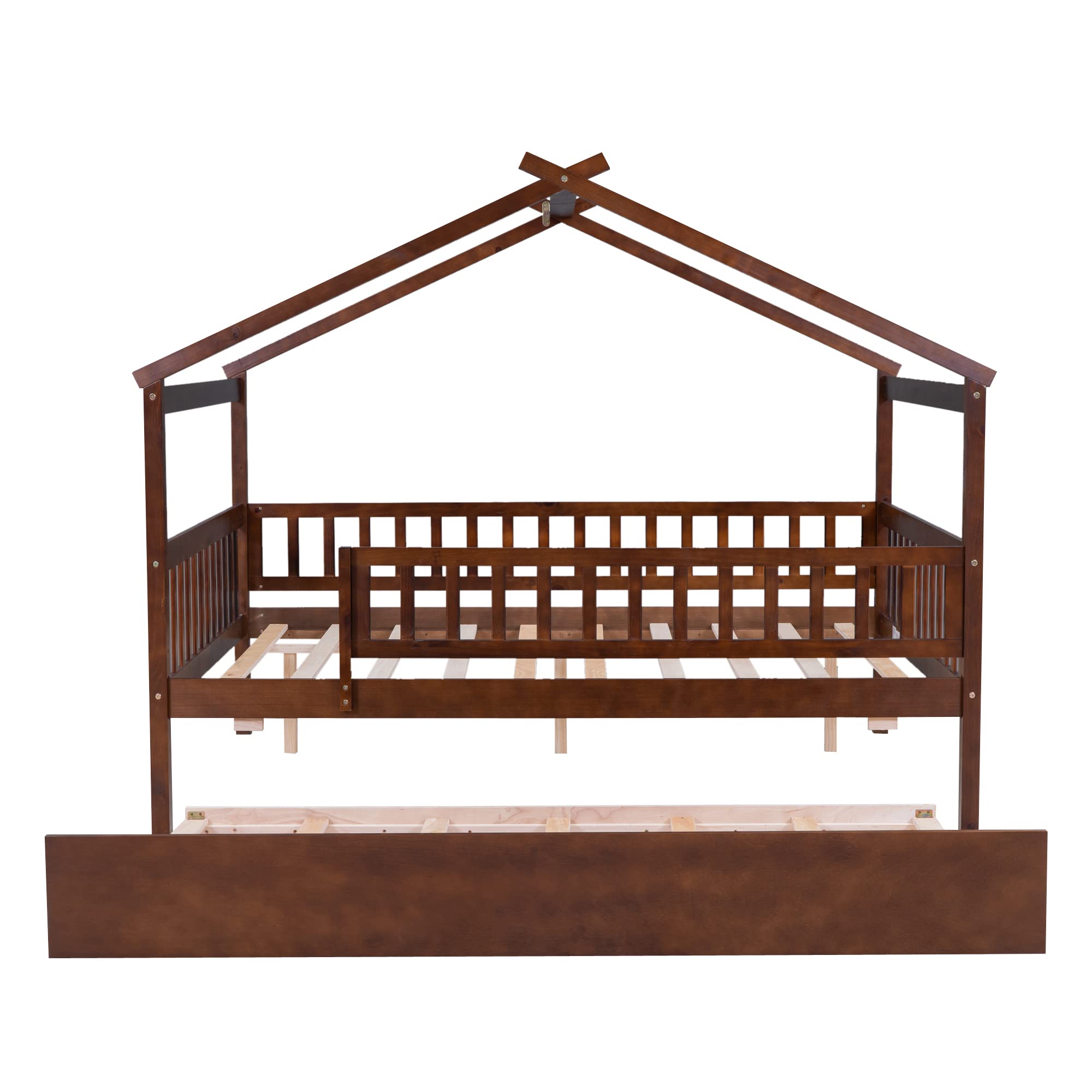 RUNNA Full Size Wooden House Bed with Twin Trundle & Roof - Solid Wood Platform Bed with Headboard & Footboard for Kids, Toddlers & Teens - Perfect for Bedrooms, Playrooms & Sleepovers (Walnut Finish, Full Size)