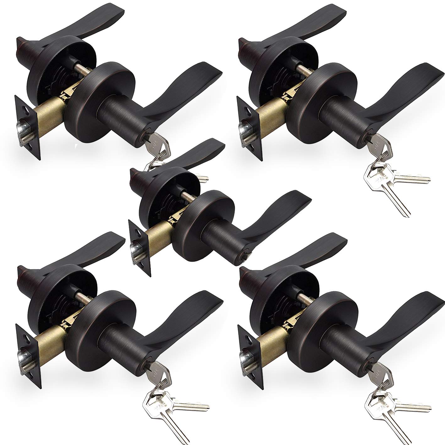 5-Pack Keyed Entry Door Lever Set with Lock - Exterior & Interior Door Handles - Roma Series HTL06-ORB-LOCKSET (Oil Rubbed Bronze) - Perfect for Home, Office & Commercial Security Doors