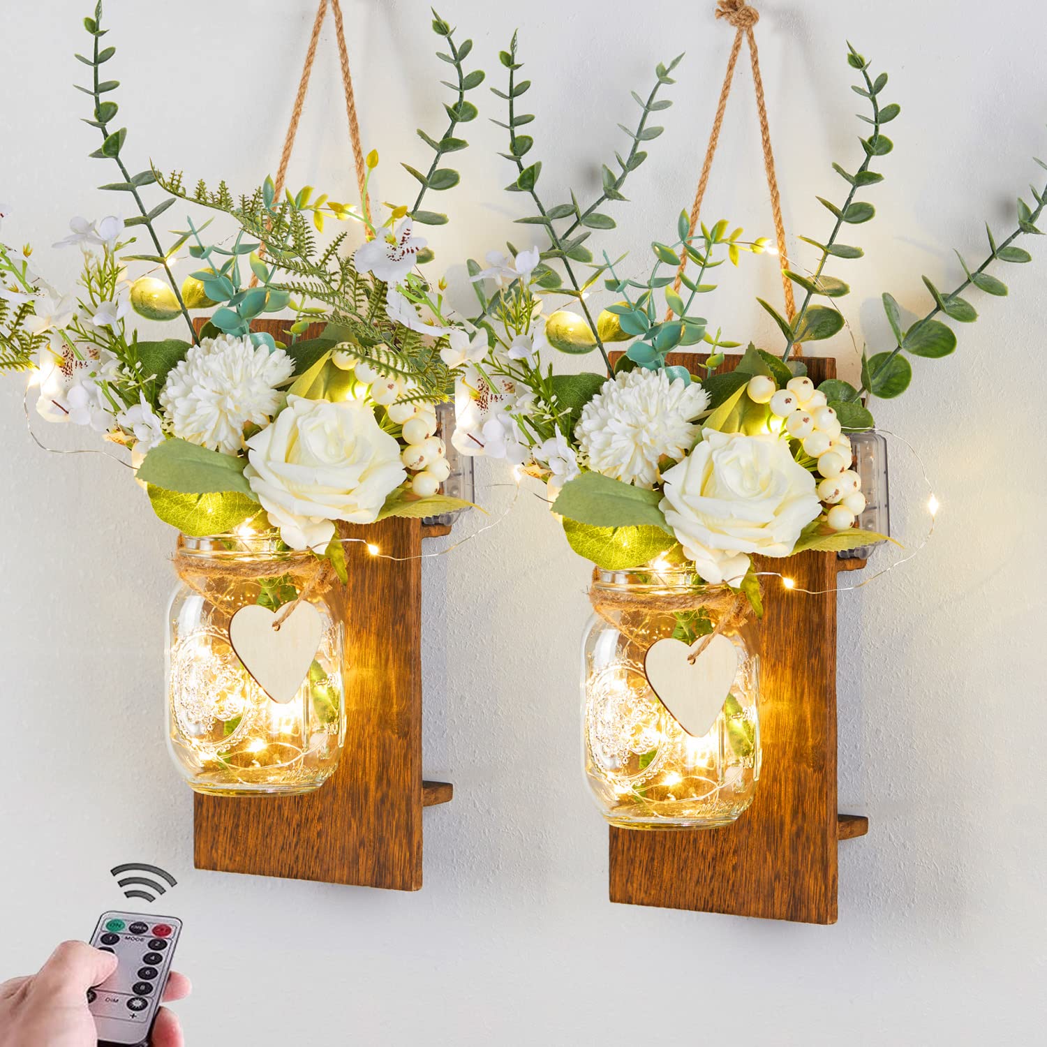 Party Joy Mason Jar Sconces Set of 2 - Rustic Wall Decor with Remote Control LED Fairy Lights & Artificial Flowers - Perfect for Bathroom, Bedroom, and Living Room Home Decor